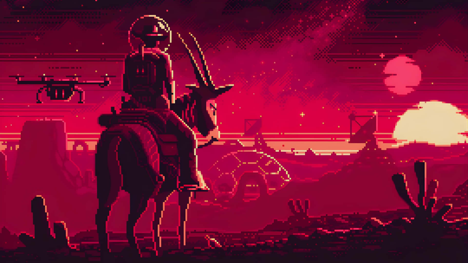 Space Cowboy, crimson alien desert, glowing sun, Full HD Desktop Wallpaper