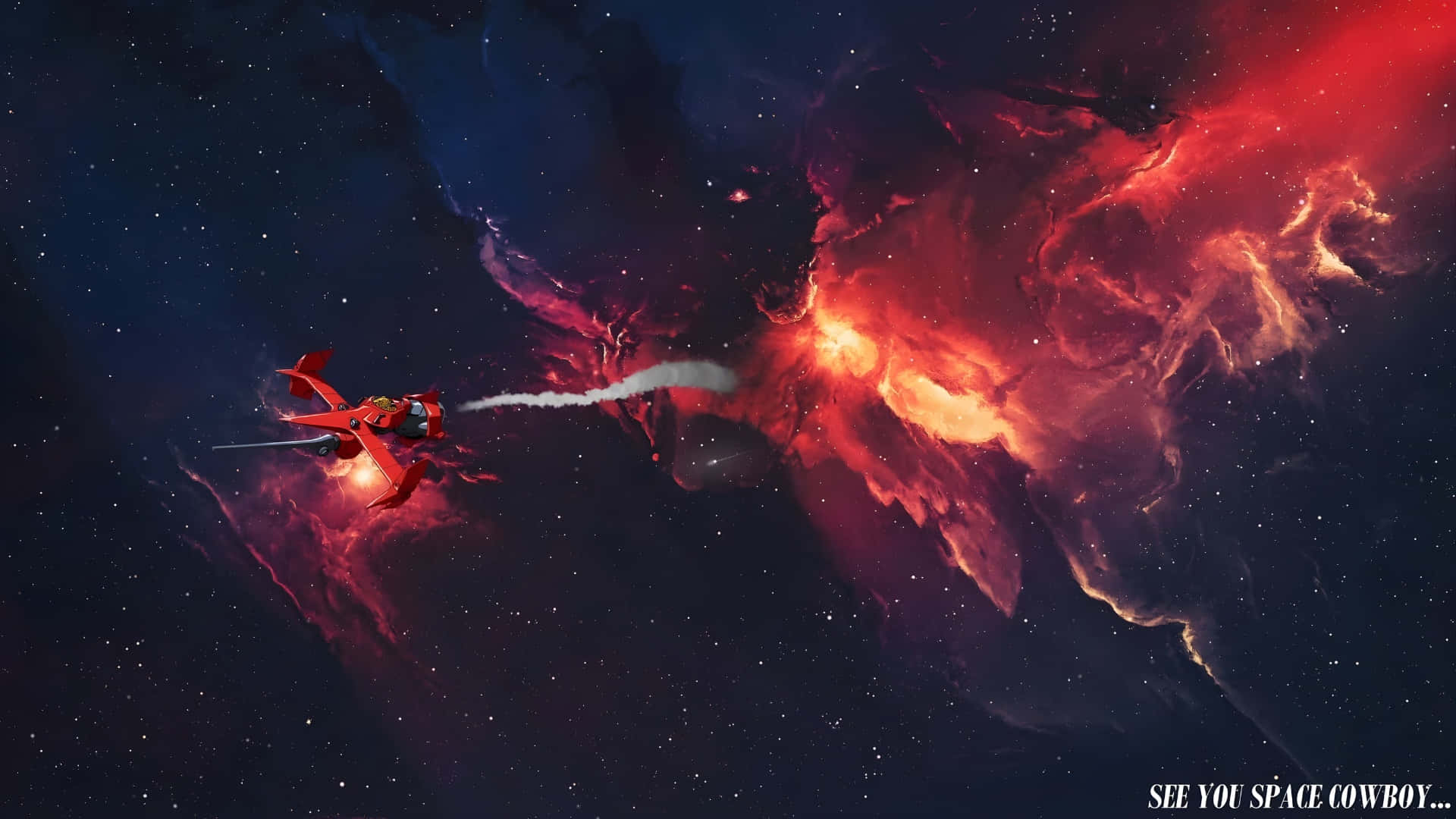 Space Cowboy, red spaceship, white trail, Full HD Desktop Wallpaper