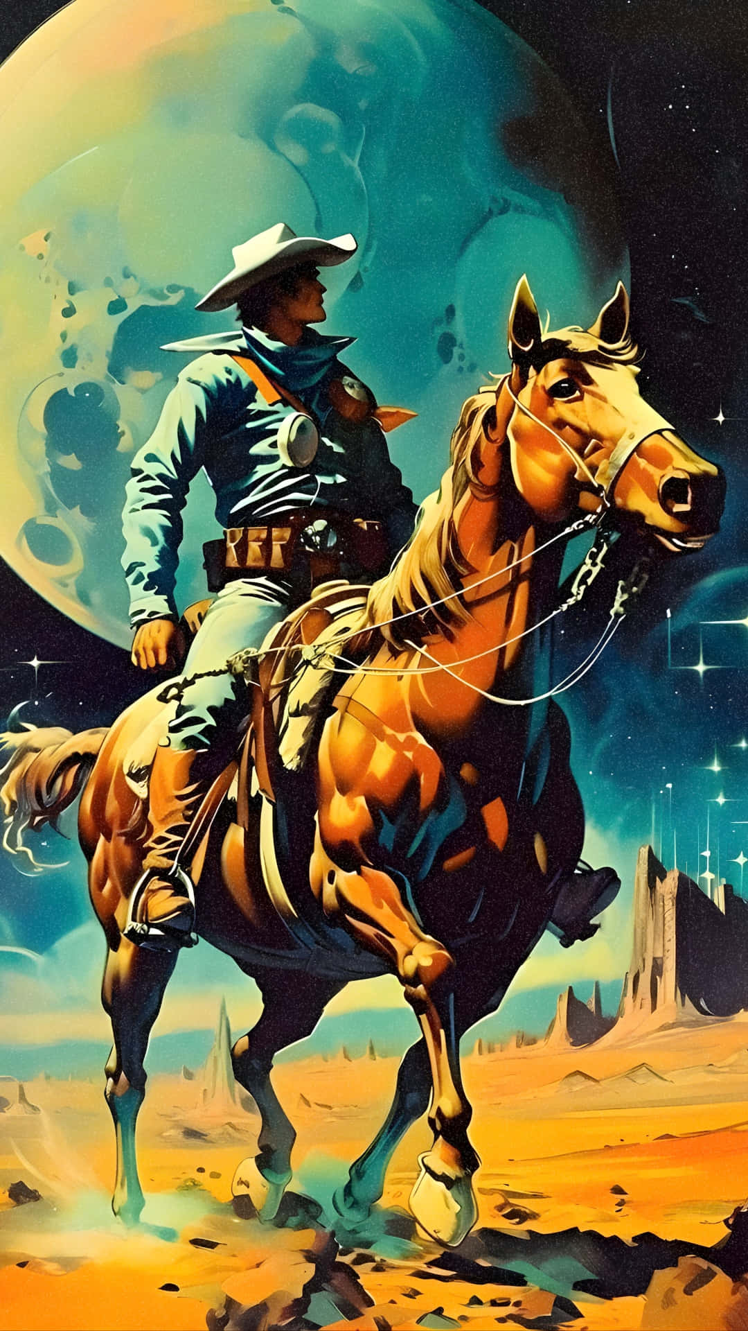 Space Cowboy, white hat, muscular horse, Full HD Phone Wallpaper