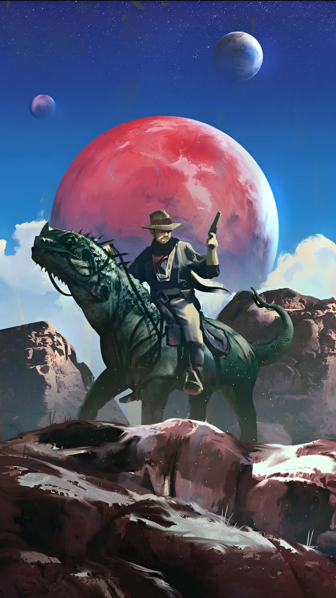 Space Cowboy, spiky green dragon, rocky alien landscape, Full HD Phone Wallpaper
