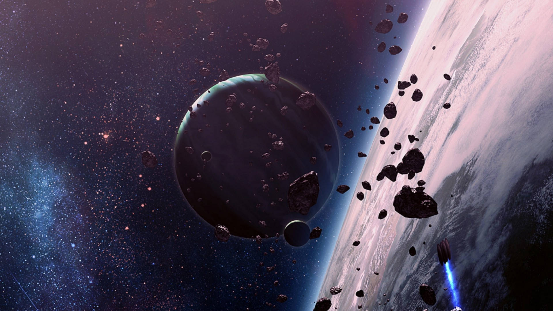 planets debris in universe, spaceship, blue thrusters, Full HD Desktop Wallpaper