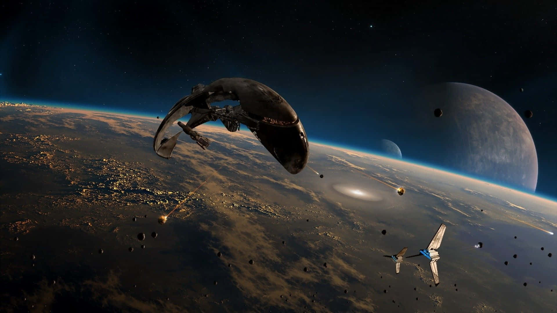 Space Ship, real space, glowing planet, Full HD Desktop Wallpaper