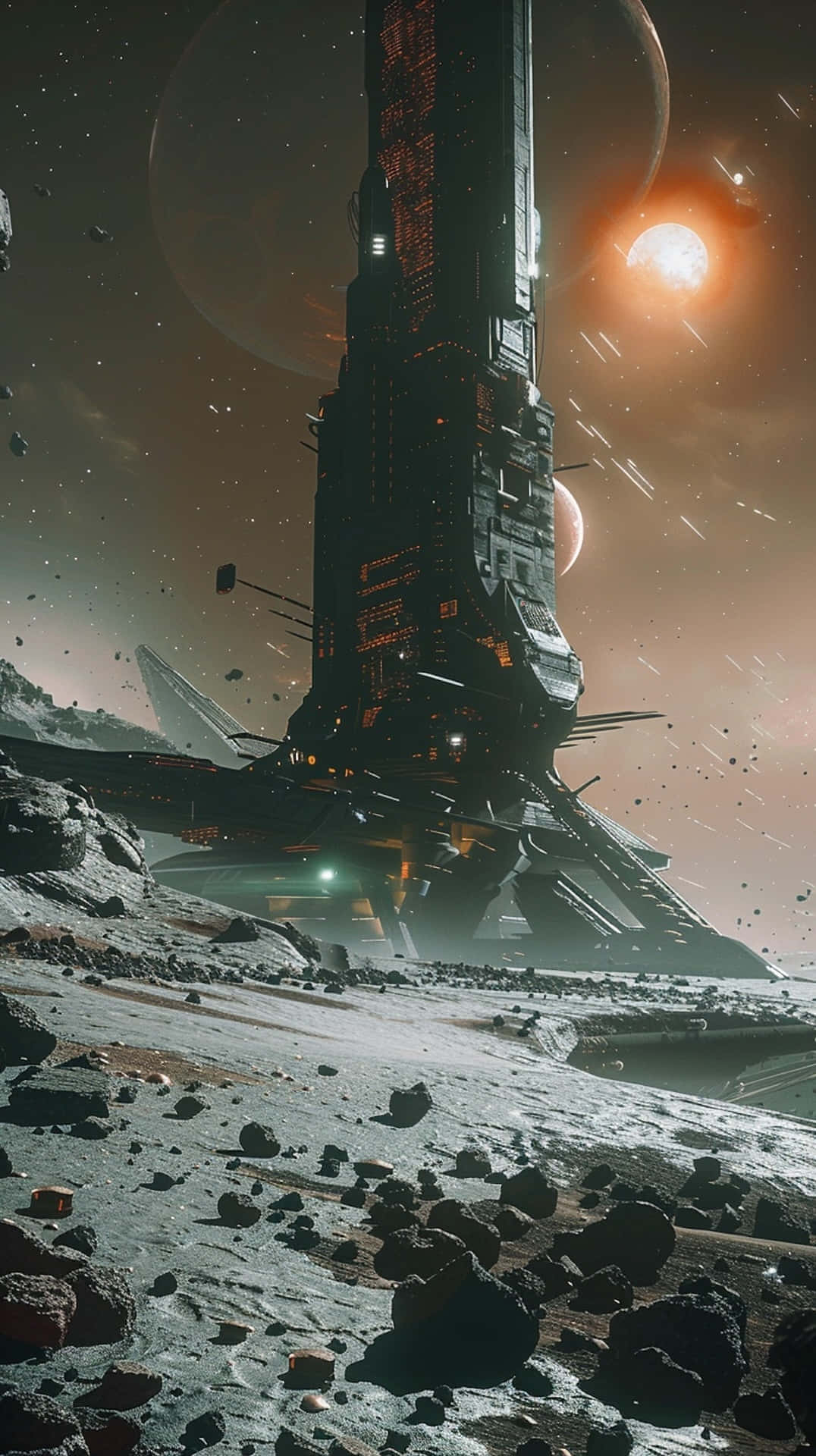 futuristic space station, rocky alien planet, glowing orange sun, Full HD Phone Wallpaper