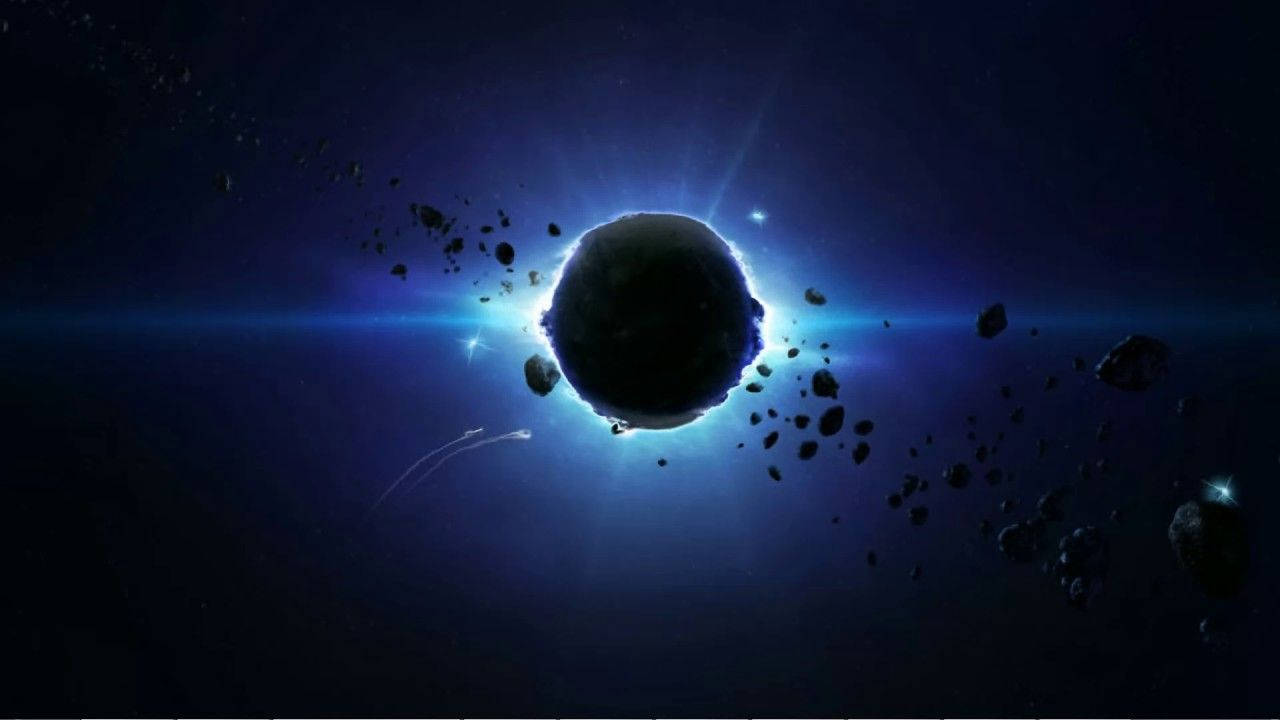 black hole, blue star, floating asteroids, HD Desktop Wallpaper