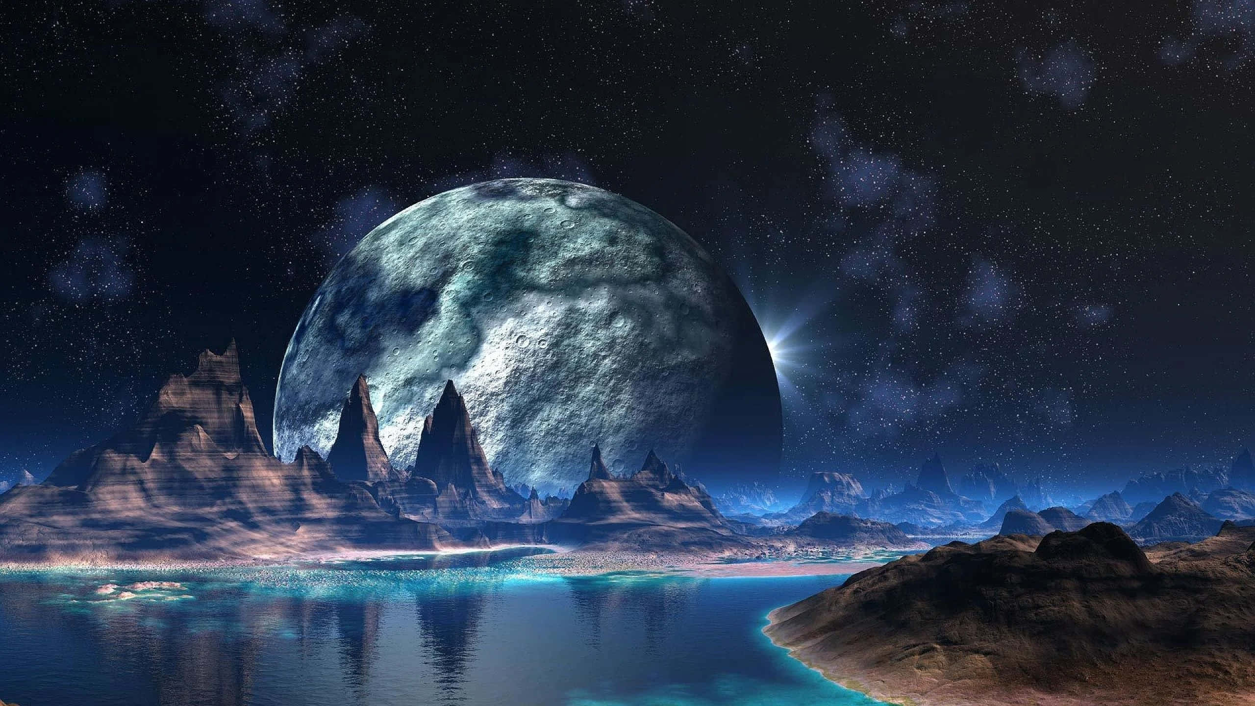 spacecraft, abandoned galaxy, jagged mountains, 2K Desktop Wallpaper