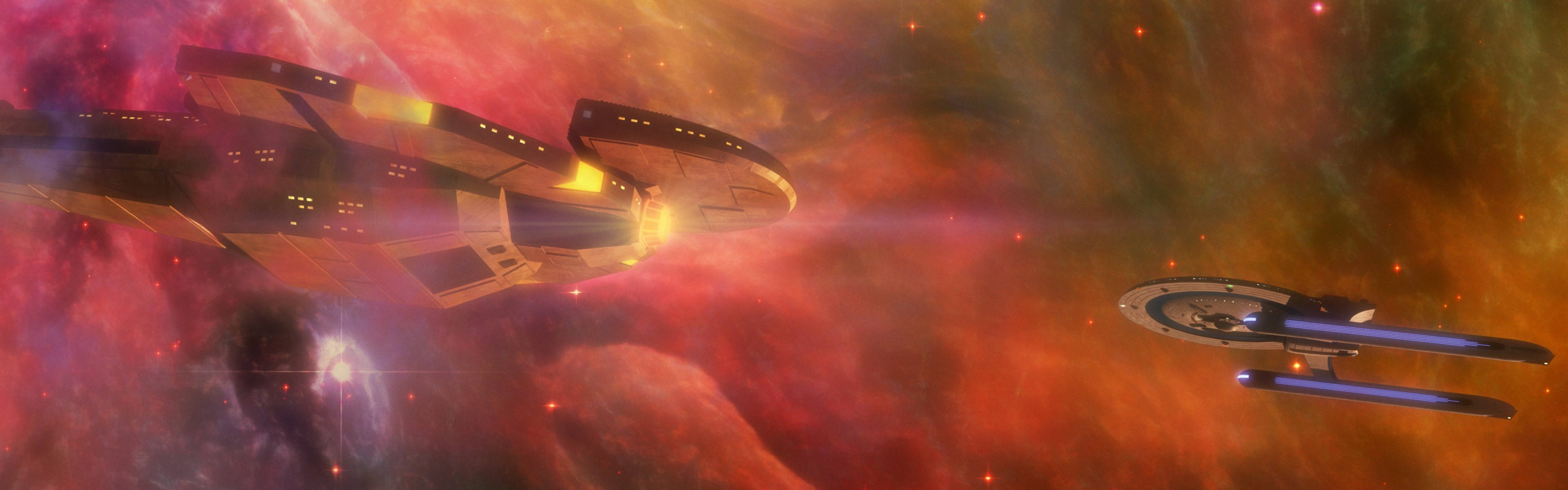 starships, vibrant nebula, fiery reds oranges and purples, 4K Desktop Wallpaper