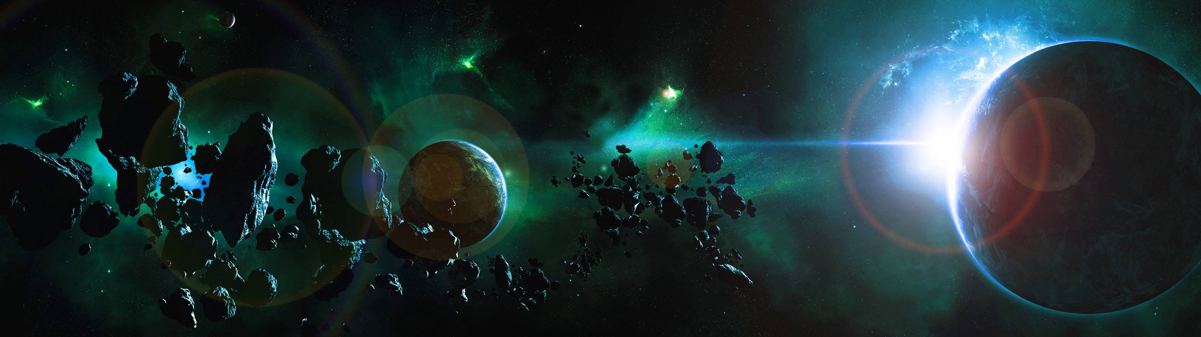 glowing green nebulae, asteroids, planets, 4K Desktop Wallpaper