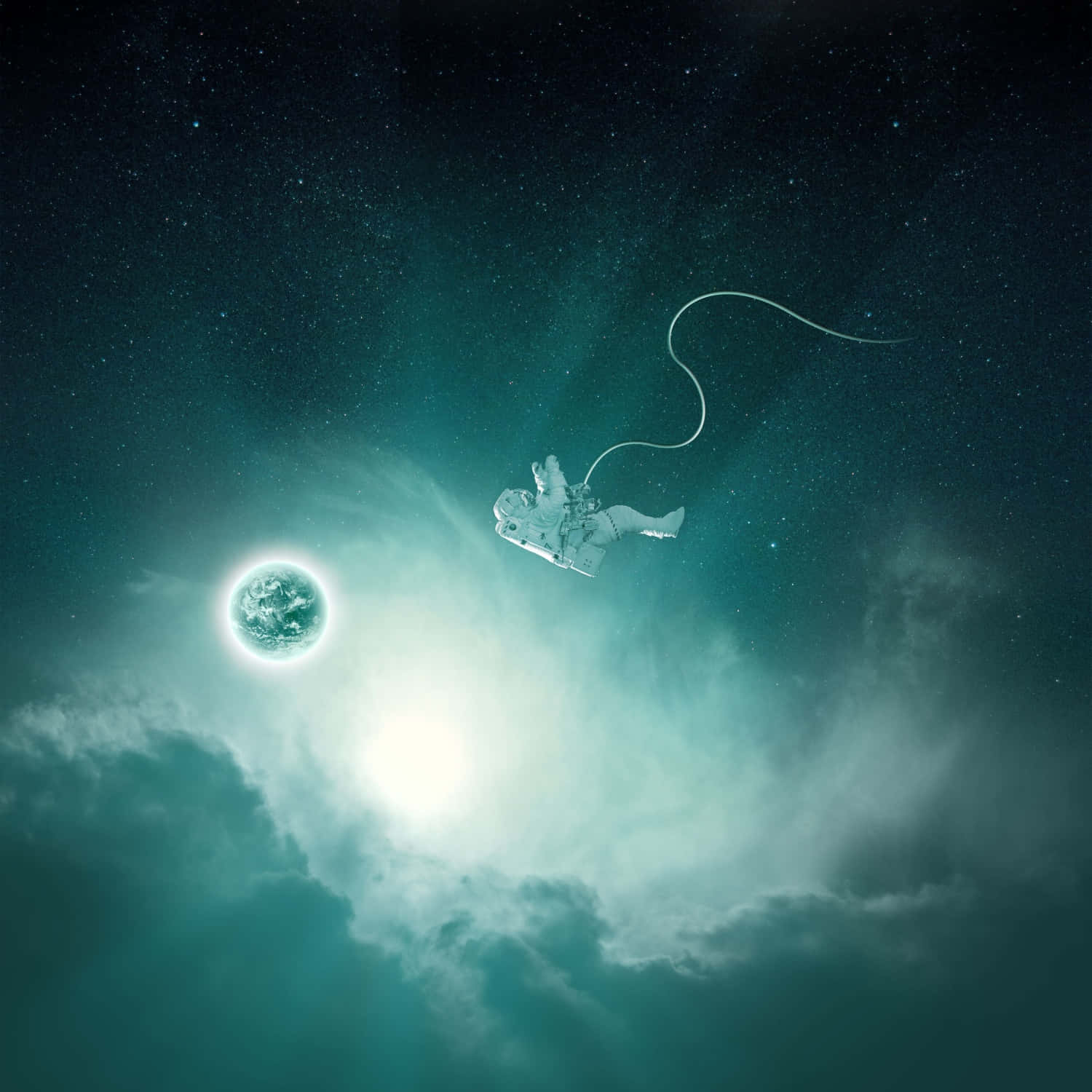 astronaut, teal-hued space, glowing Earth, HD Desktop Wallpaper