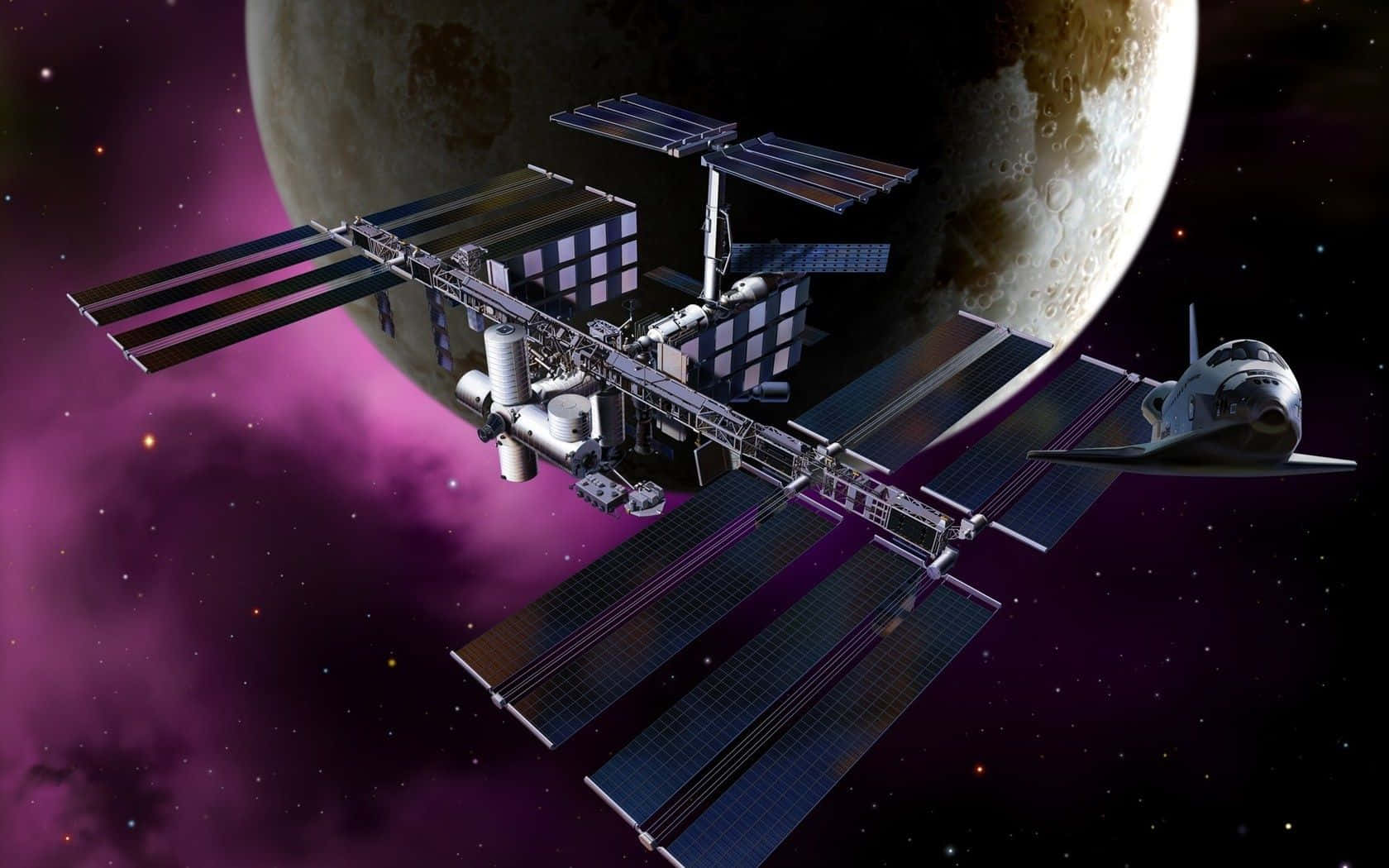 space station, solar panels, cratered moon, HD Desktop Wallpaper