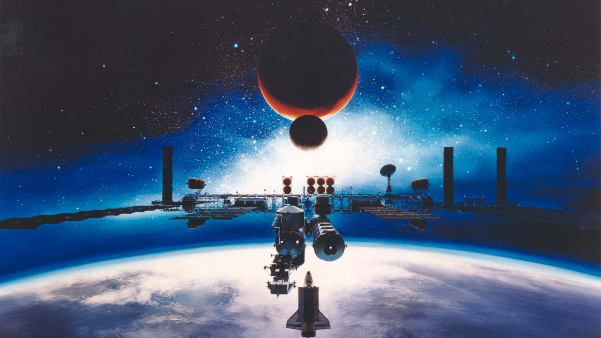 space station, Earth, red planet, Full HD Desktop Wallpaper