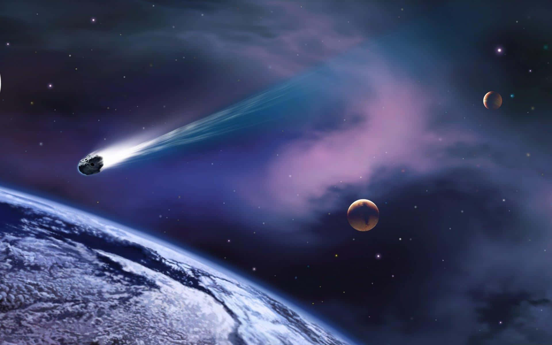 Earth-like Planet, glowing comet, vibrant purple nebula, Full HD Desktop Wallpaper