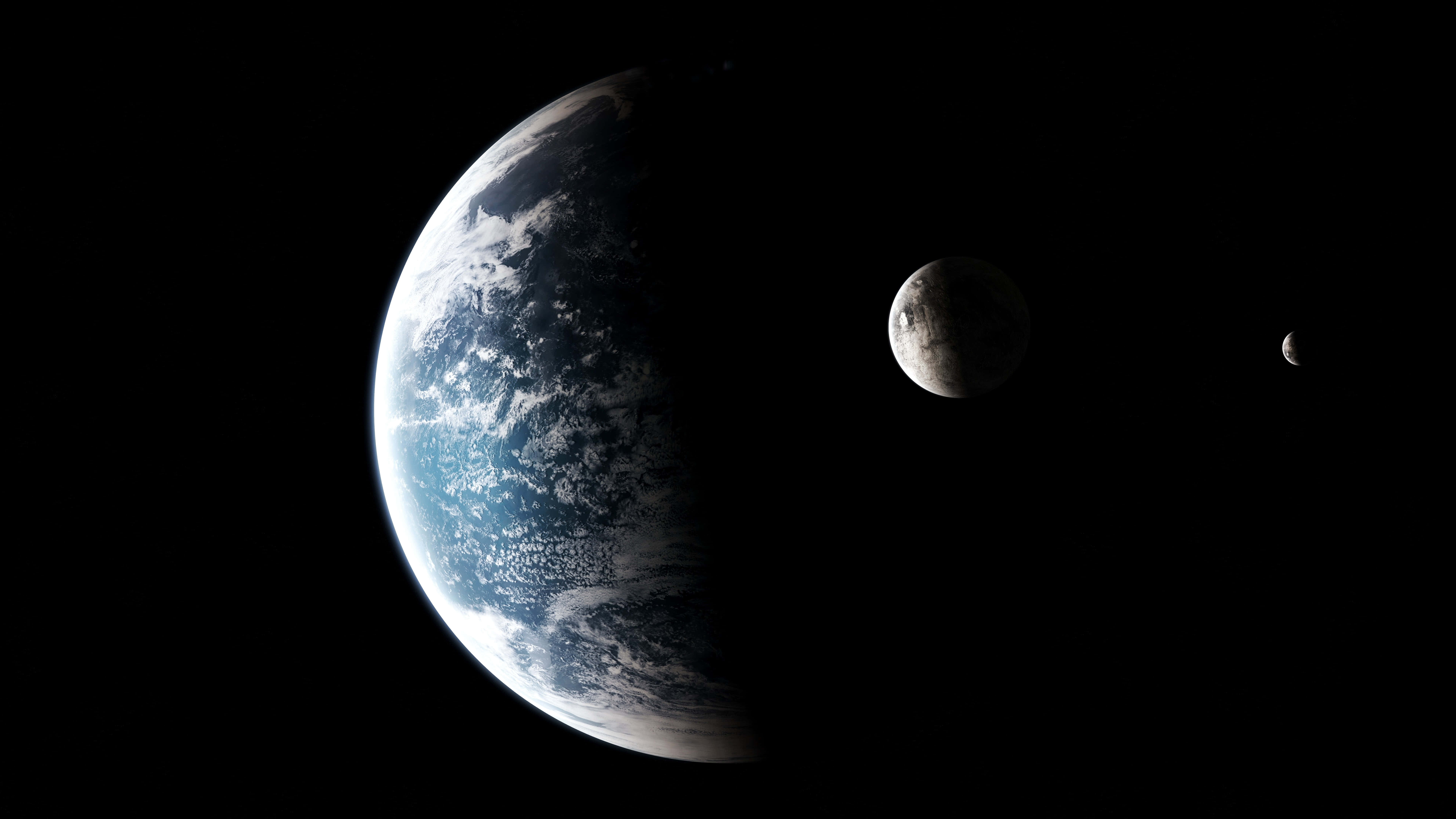 Earth, two moons, vast blackness of space, 8K Desktop Wallpaper