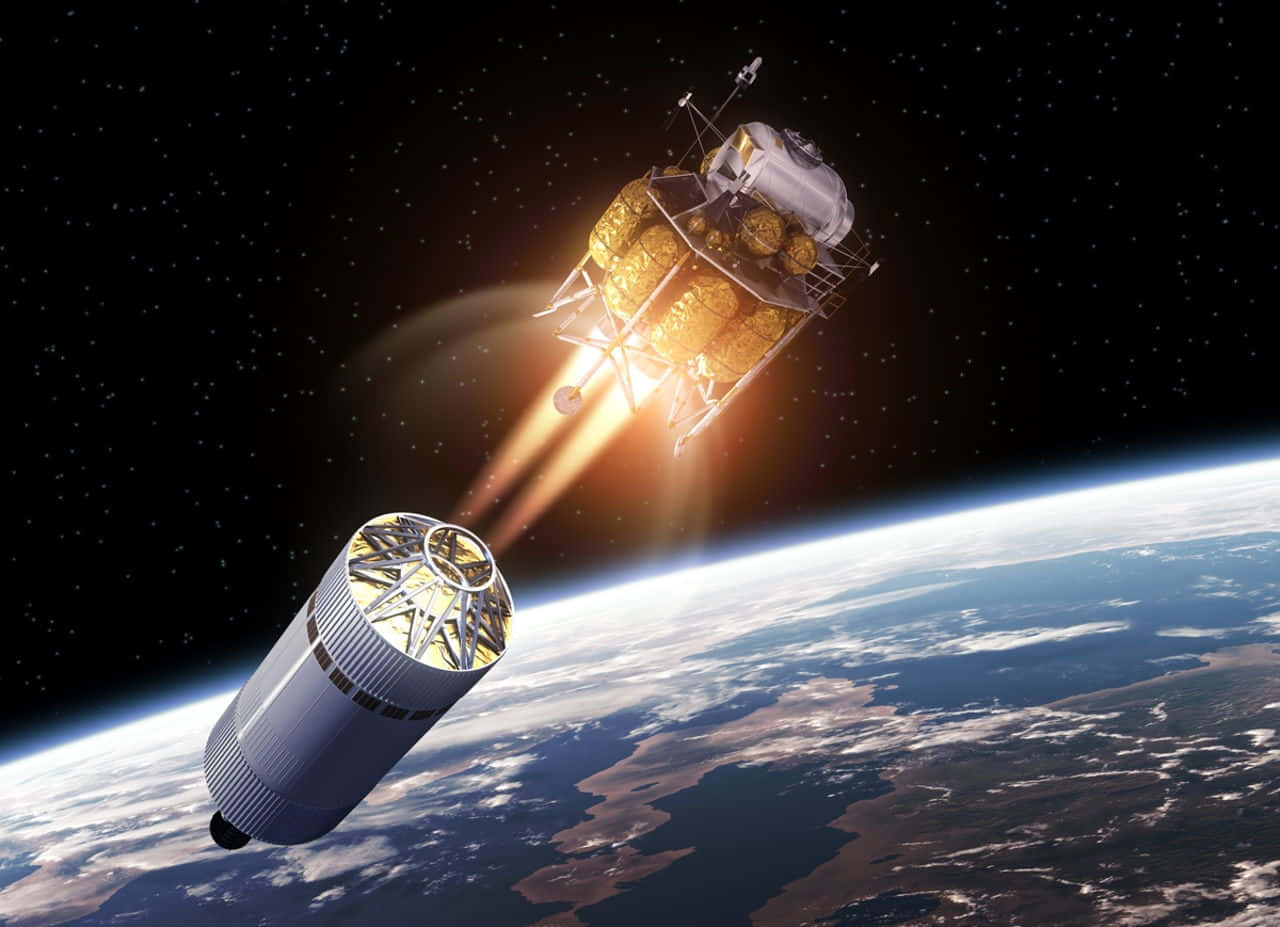 spacecraft, glowing engines, Earth's curved horizon, HD Desktop Wallpaper