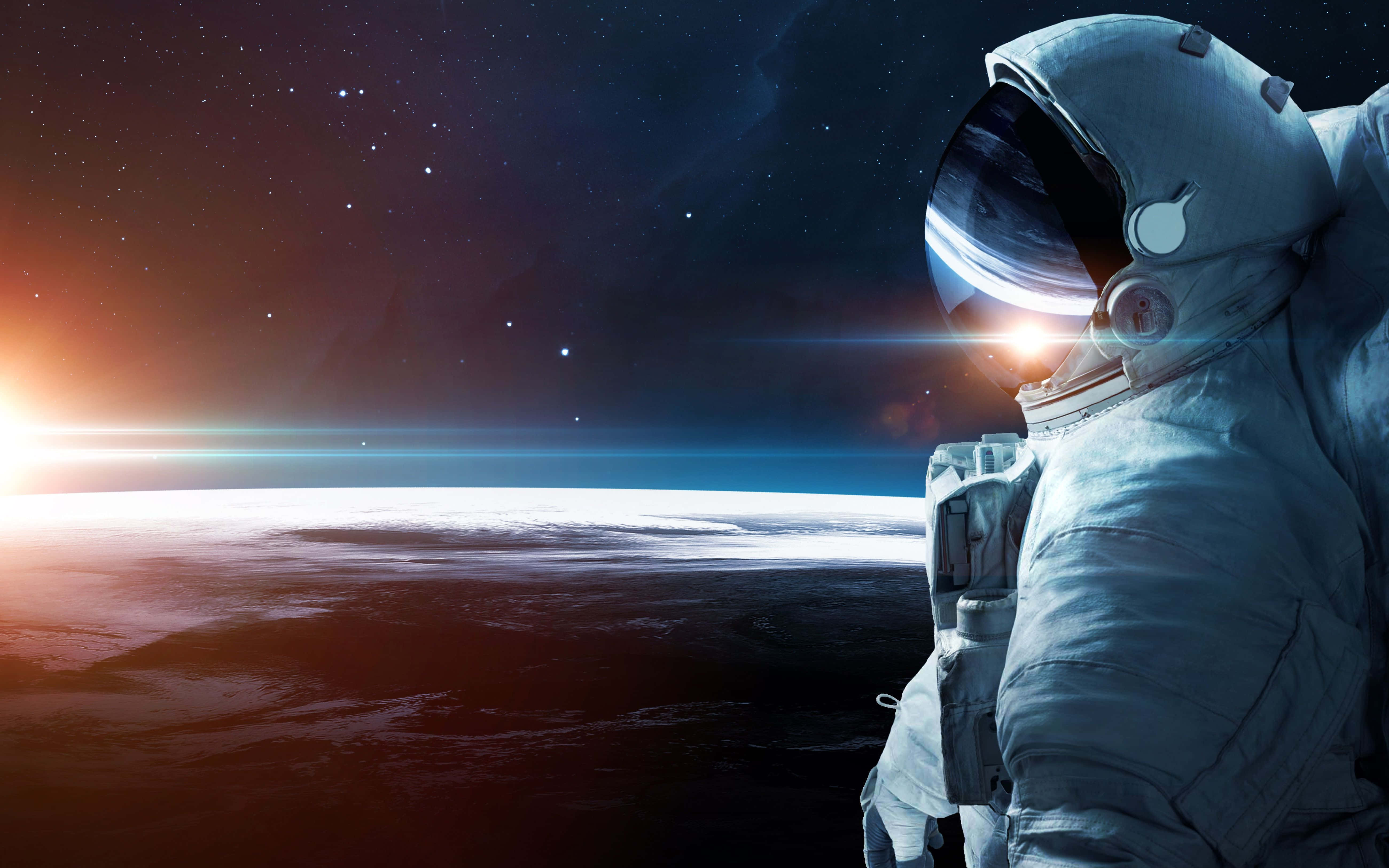 astronaut, white spacesuit, glowing planet, 5K Desktop Wallpaper