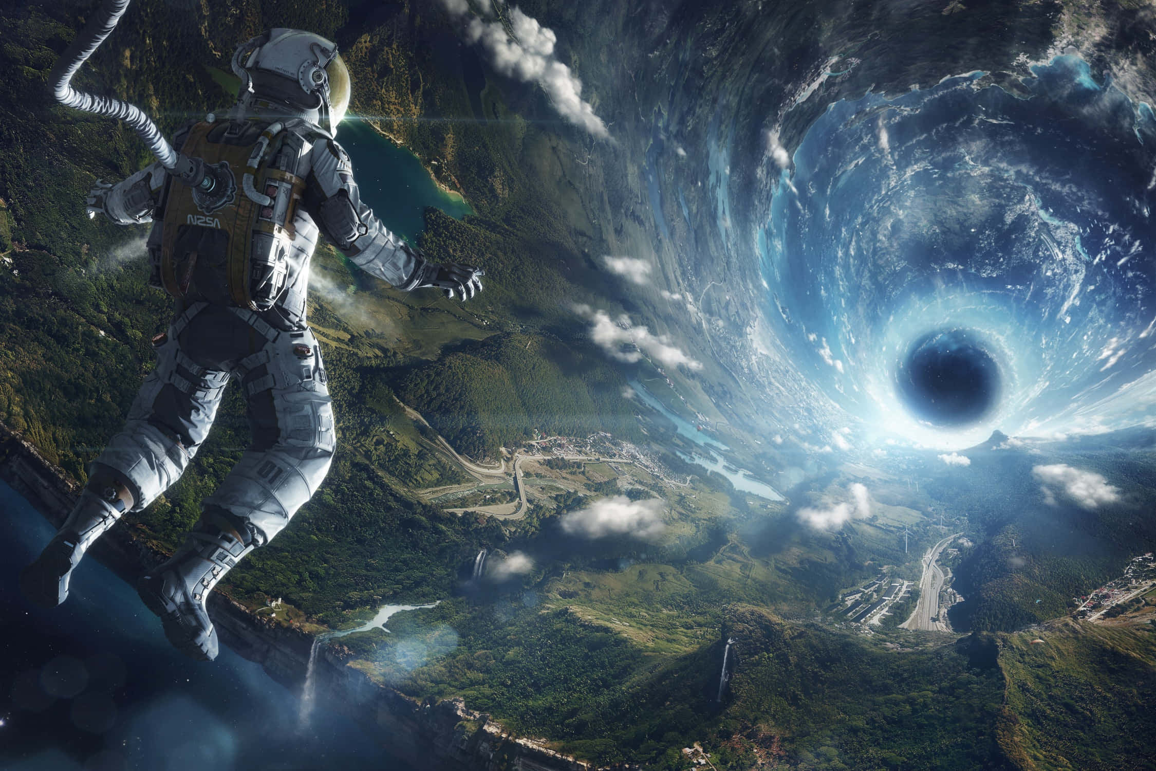 astronaut, lush green planet, massive cosmic wormhole, Full HD Desktop Wallpaper