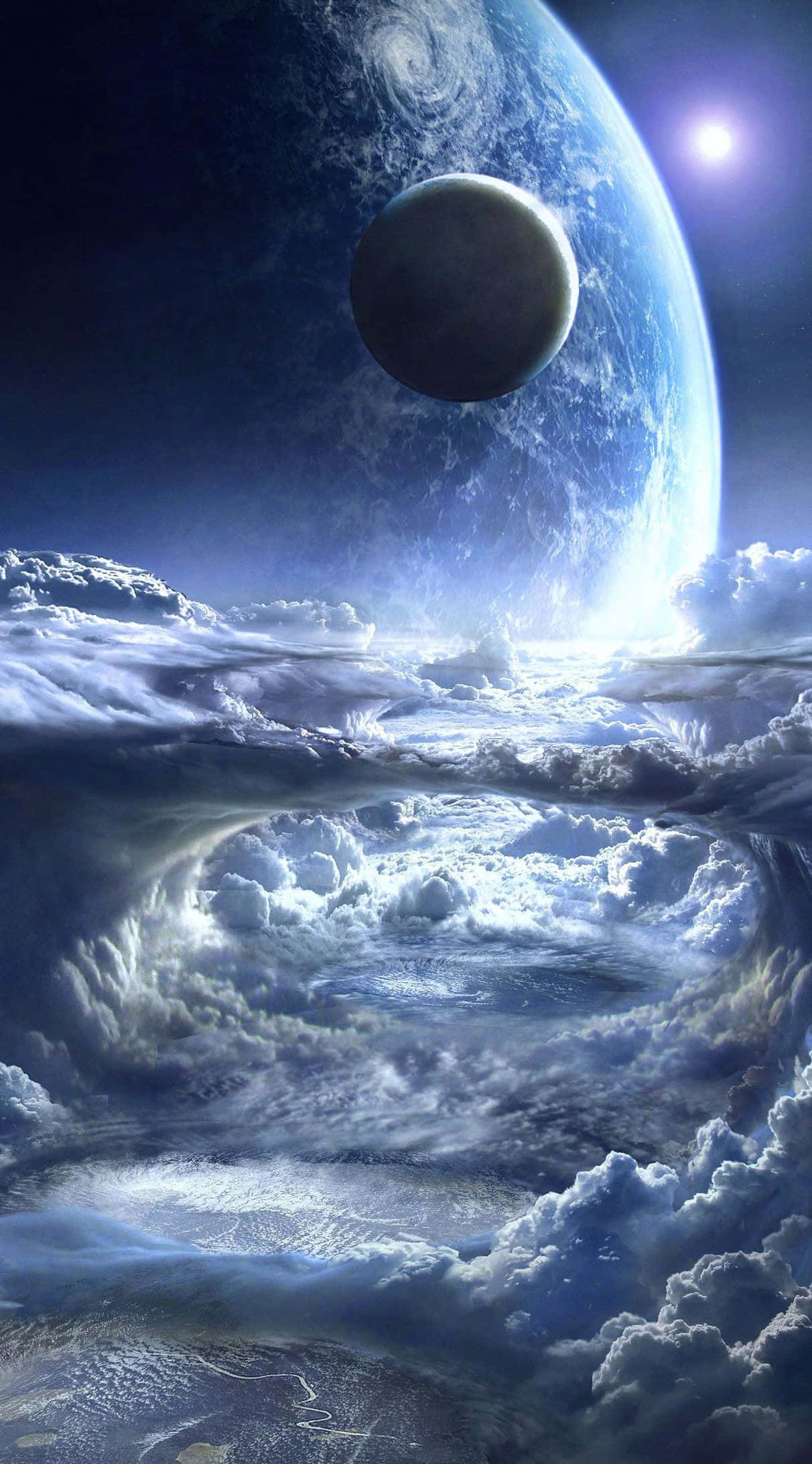 3D space, blue planet, moon, Full HD Phone Wallpaper
