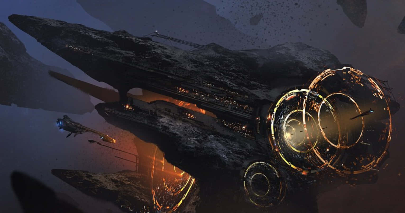space mining, futuristic spaceship, glowing orange engines, HD Desktop Wallpaper