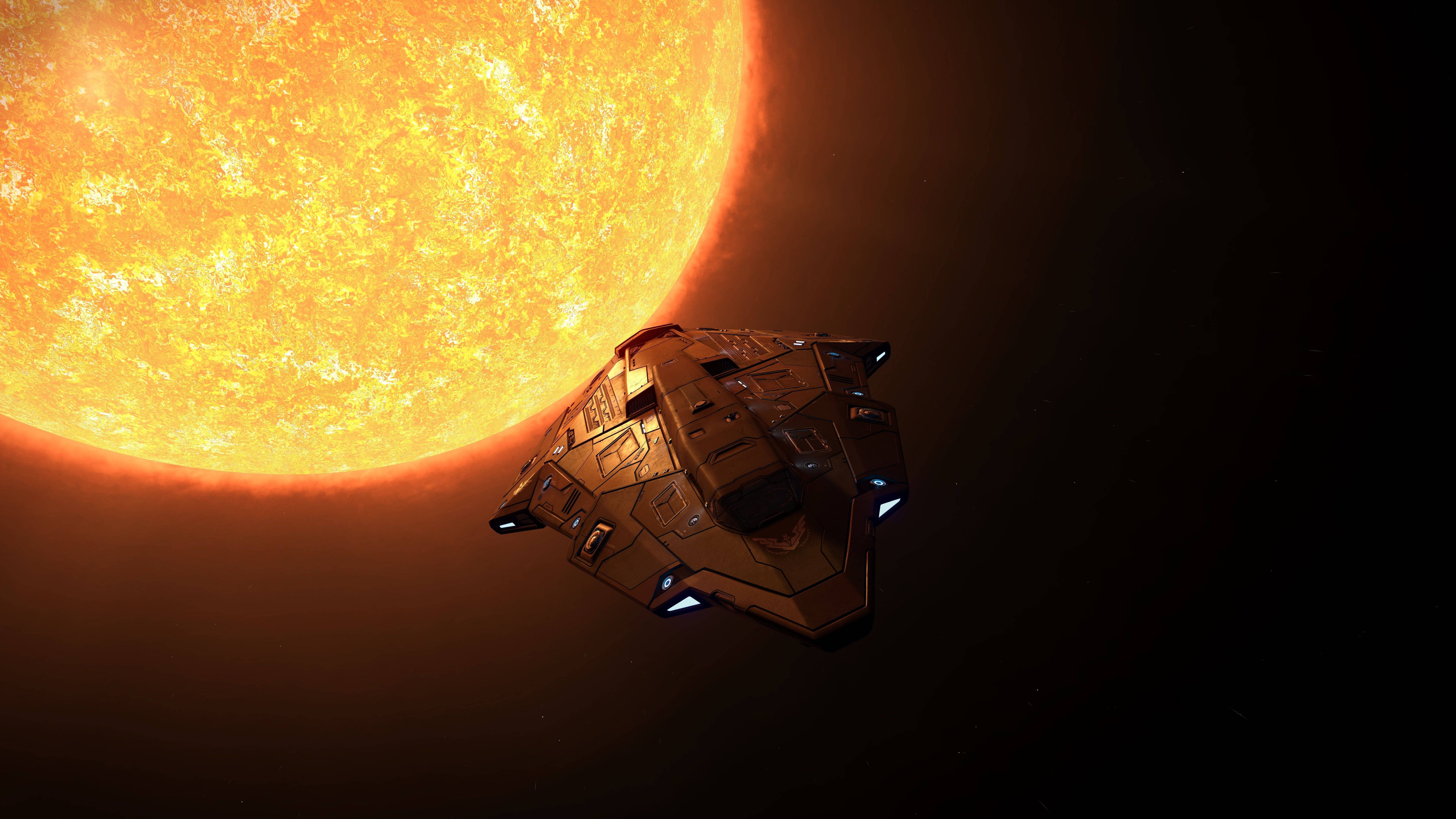 sleek spaceship, massive fiery sun, orange glow, 8K Desktop Wallpaper