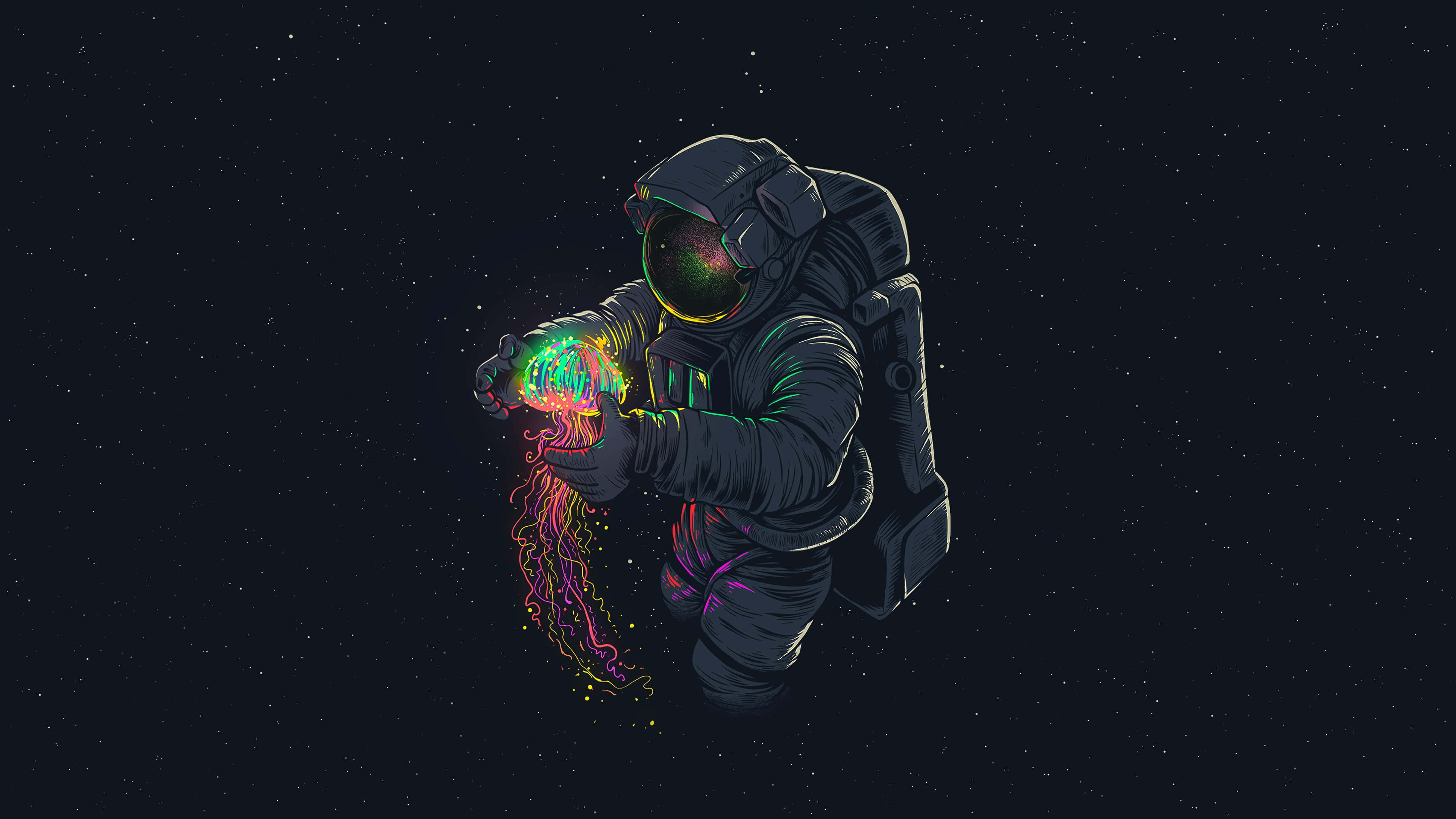 astronaut, glowing neon jellyfish, starry cosmic backdrop, 4K Desktop Wallpaper