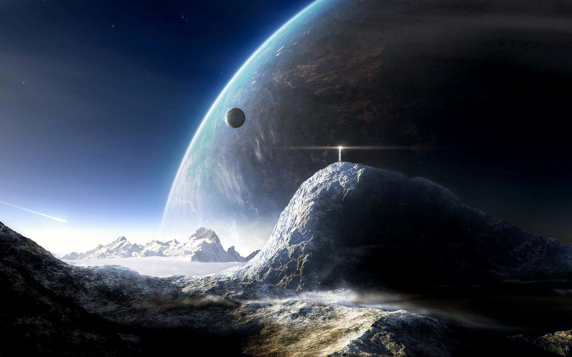 rocky alien mountain range, vast curved planet, glowing horizon, Full HD Desktop Wallpaper