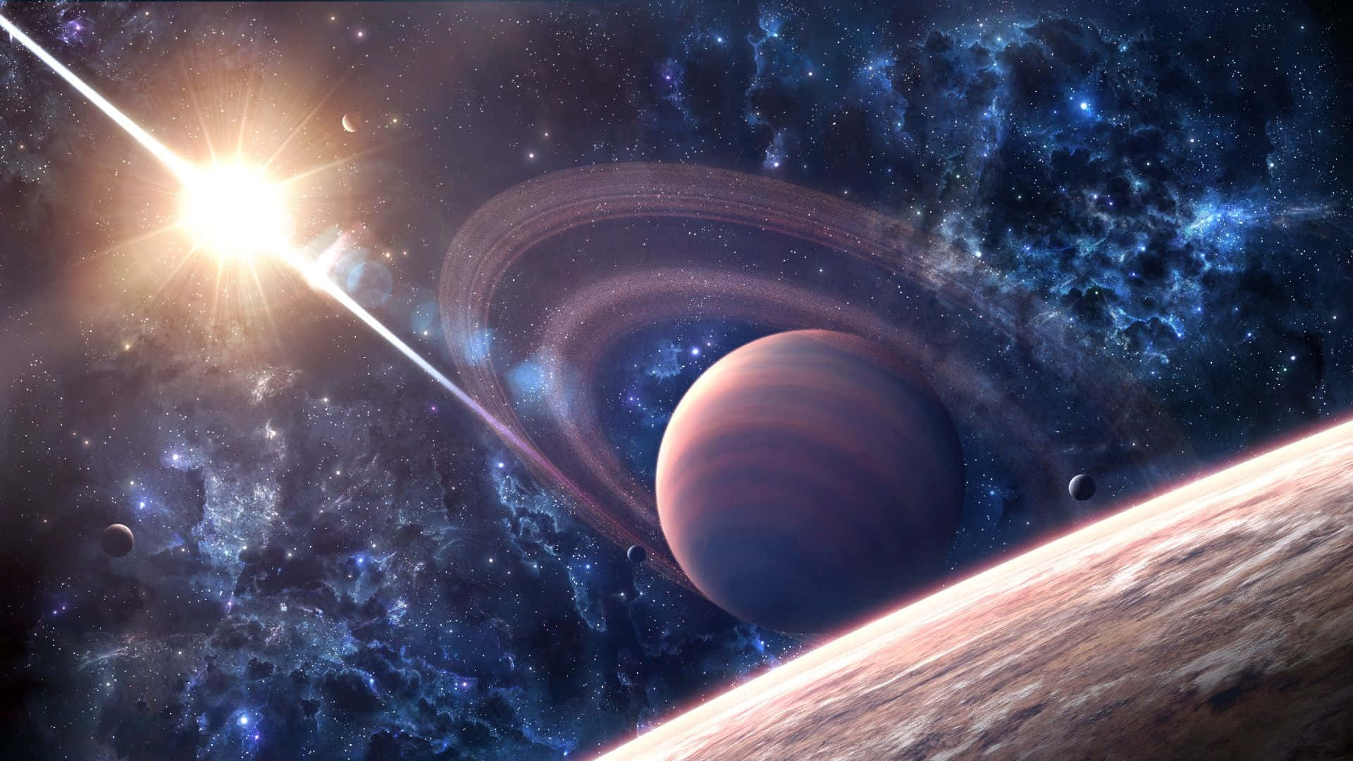 Space Galaxy, ringed planet, radiant star, Full HD Desktop Wallpaper