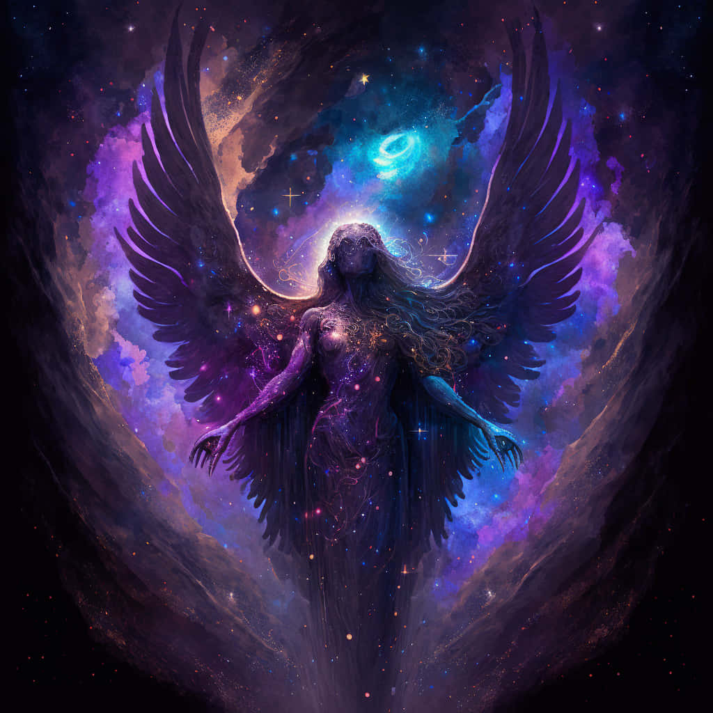 cosmic angel, dark wings, swirling purple and blue nebulae, SD Desktop Wallpaper