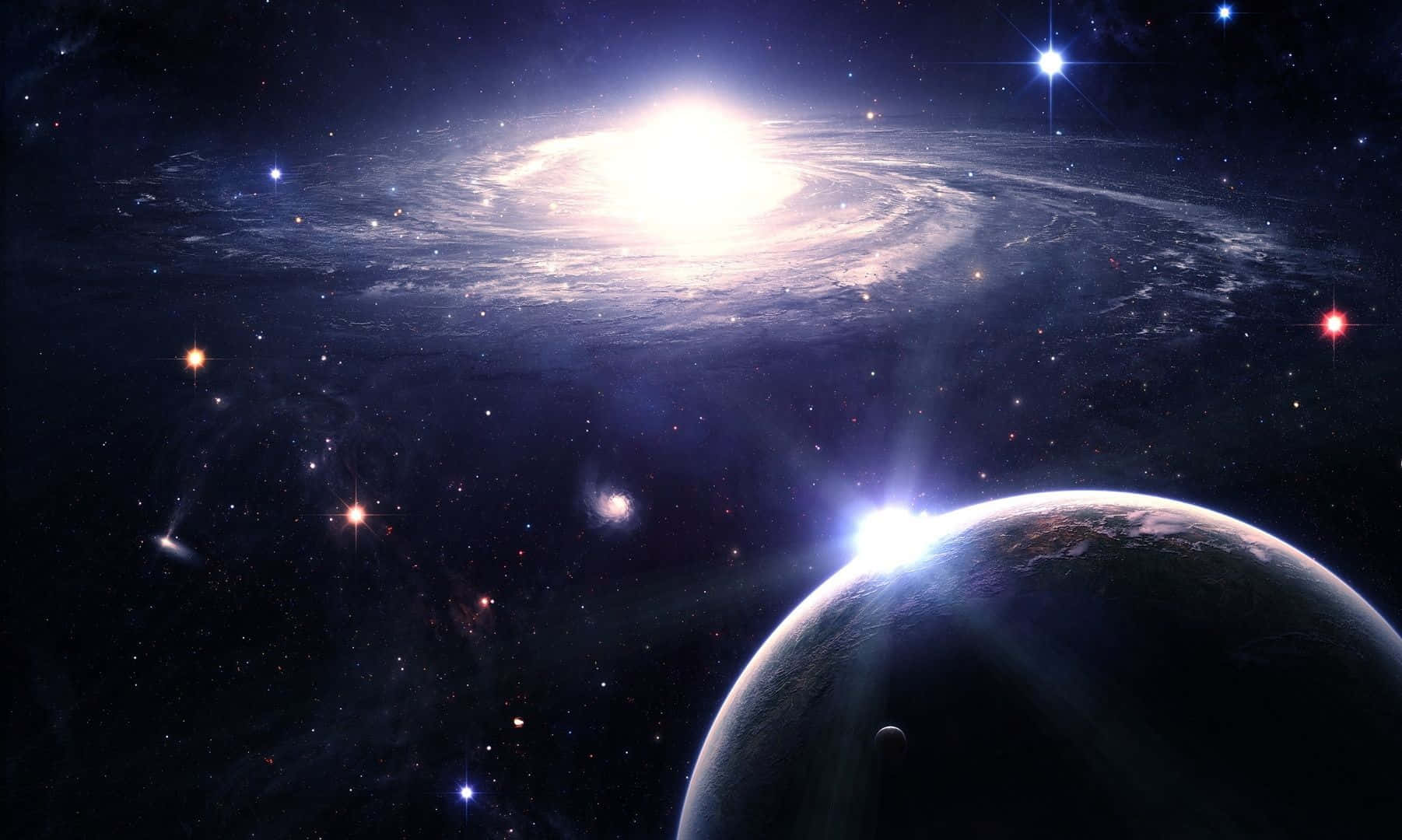 Swirling Space Galaxy, glowing spiral galaxy, planet, HD Desktop Wallpaper