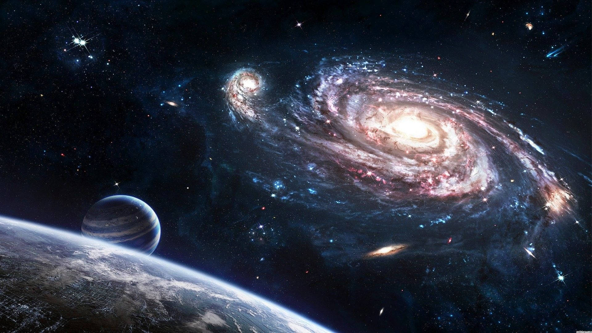 futuristic space pc gaming station, spiral galaxy, pink and blue hues, Full HD Desktop Wallpaper