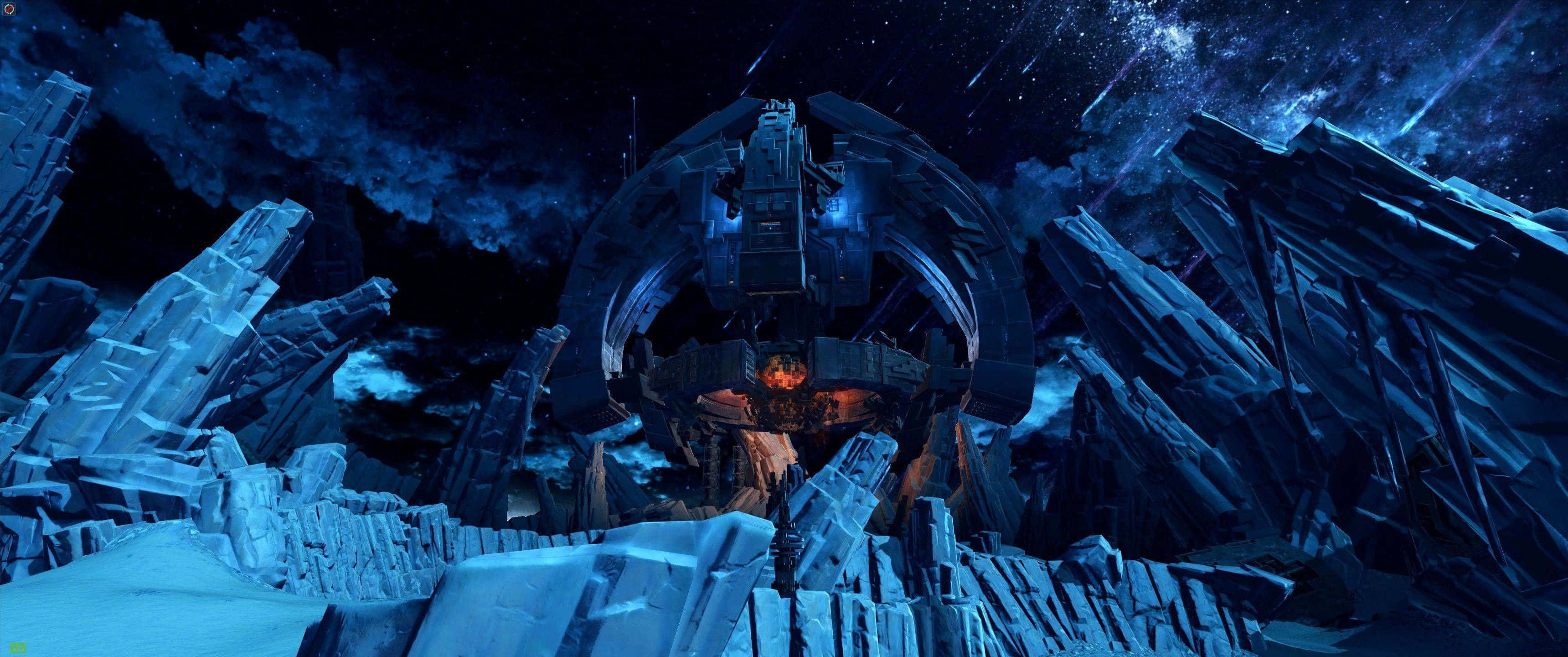 ultra wide gaming, blue and white scene, large spaceship, 2K Desktop Wallpaper