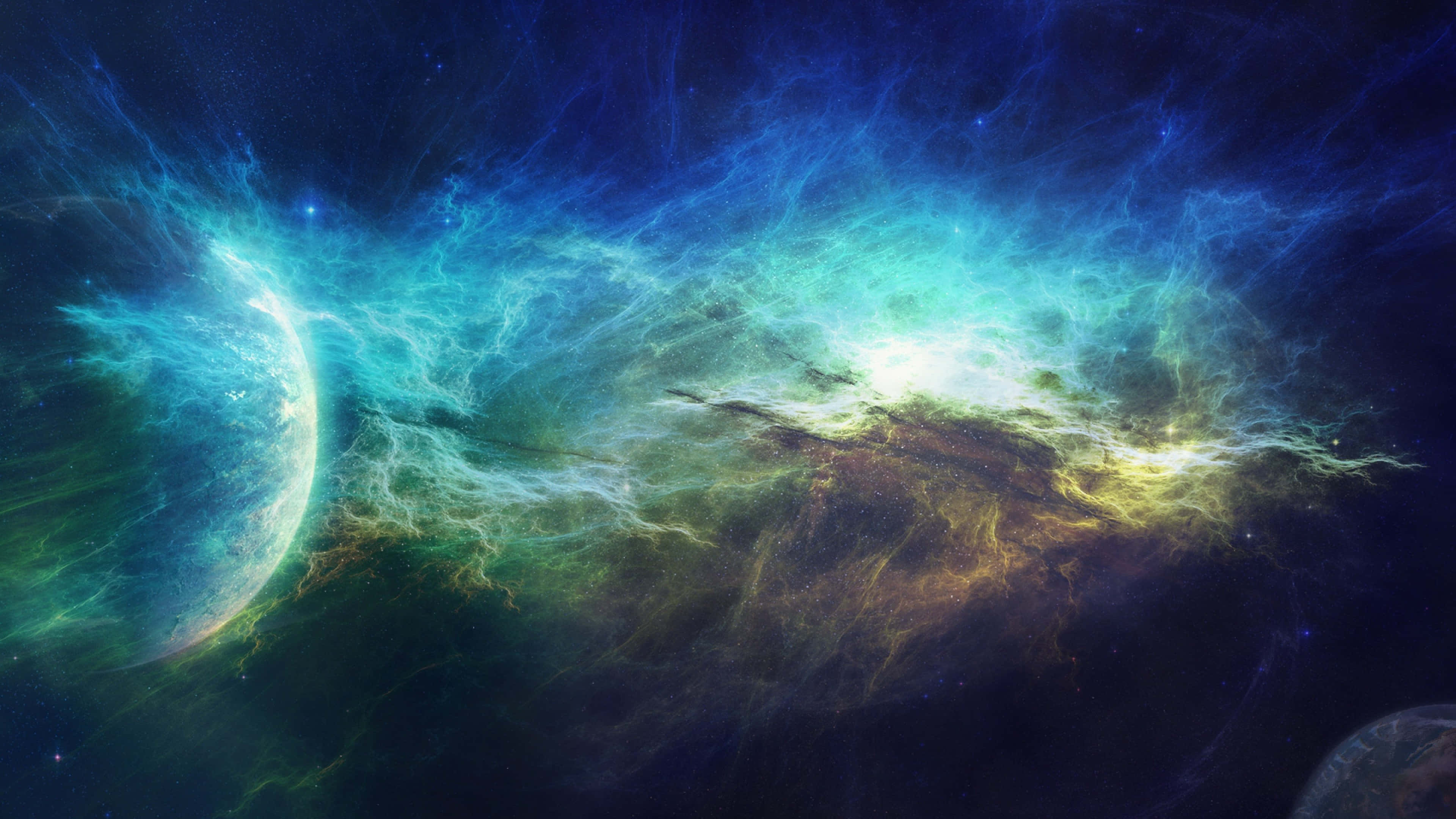 cosmic nebula, electric blues, greens, 4K Desktop Wallpaper