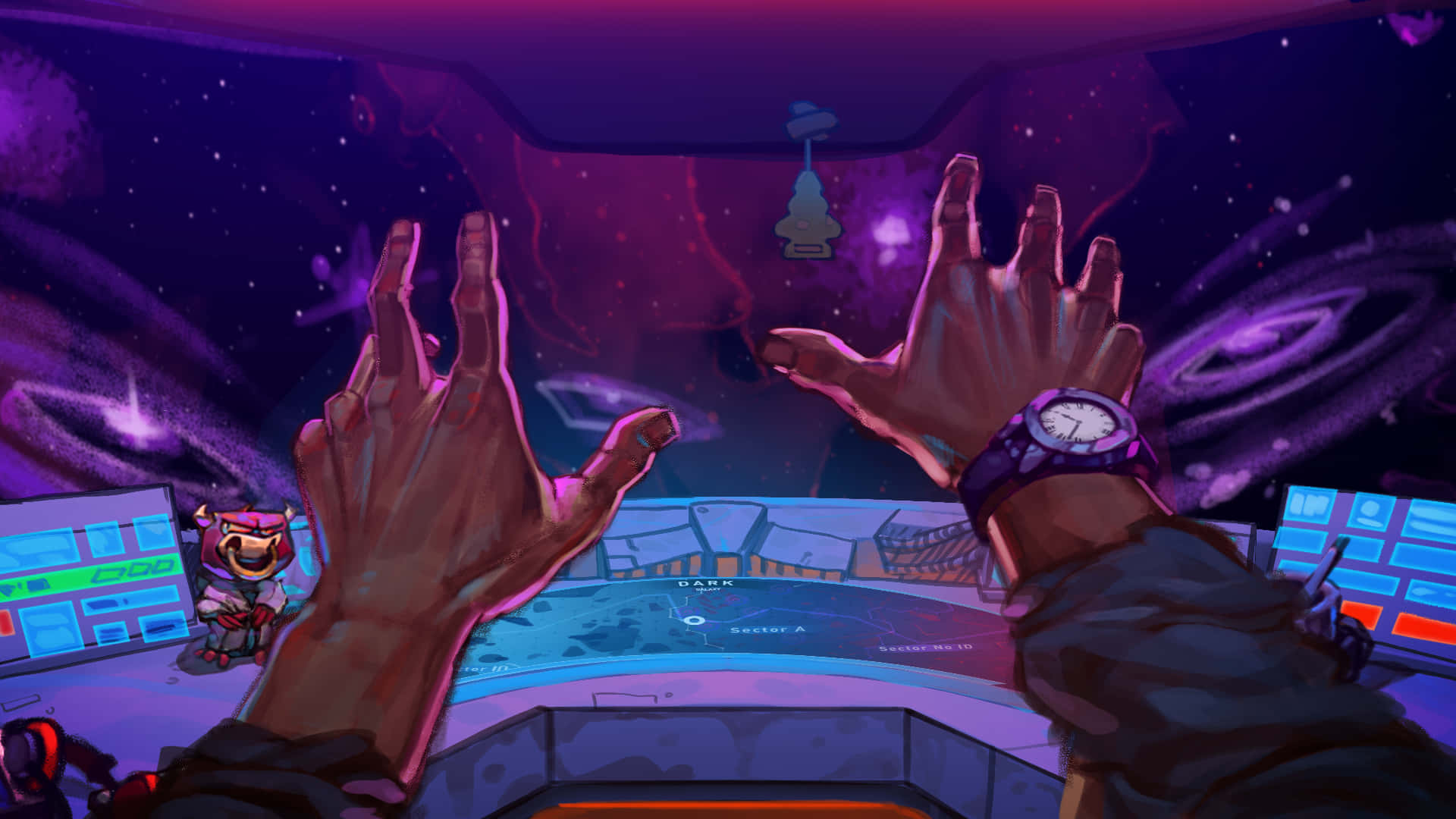 space station, spaceship cockpit, swirling purple galaxies, Full HD Desktop Wallpaper