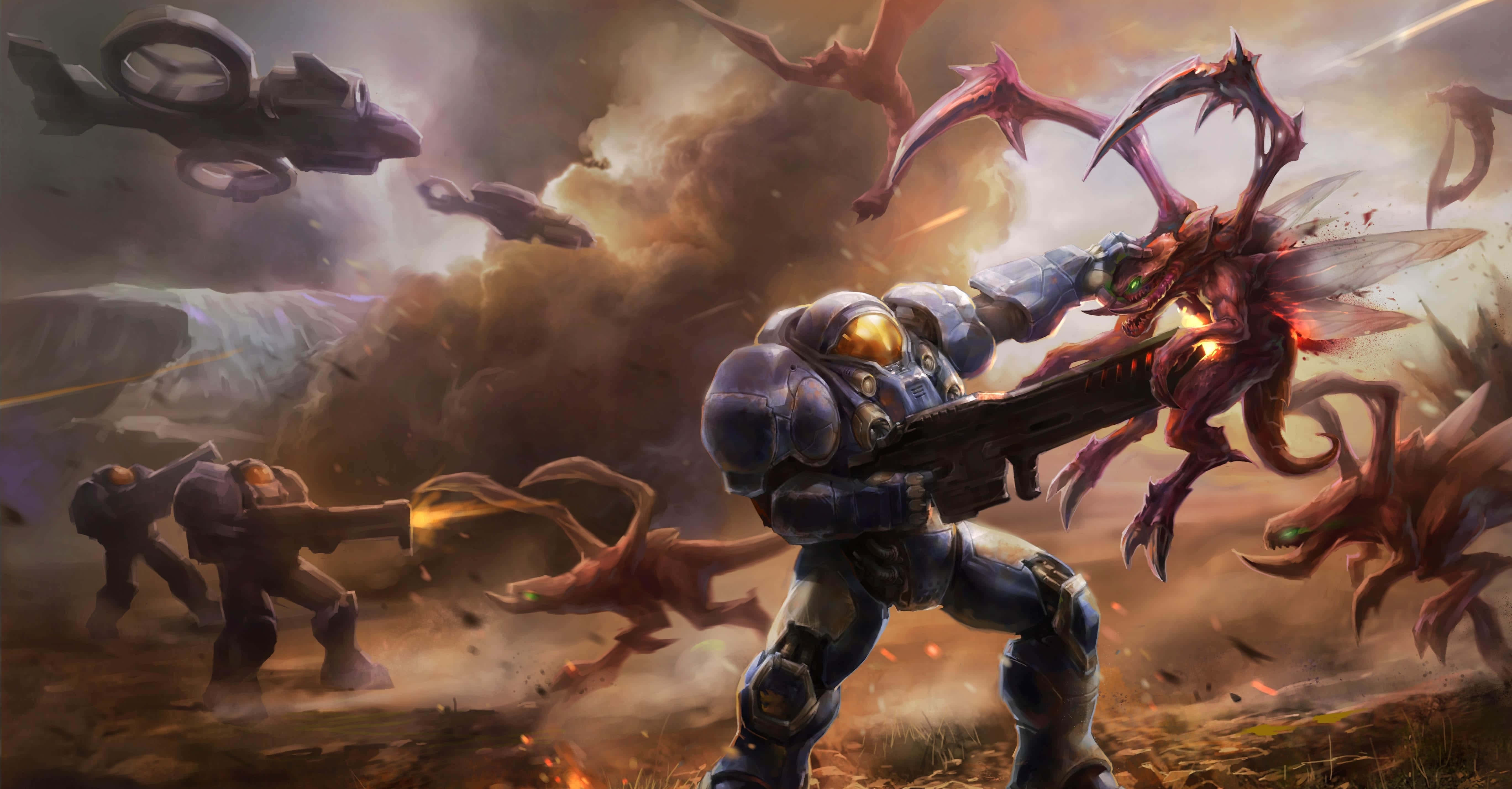 blue armor, red aliens, flying ships, 5K Desktop Wallpaper