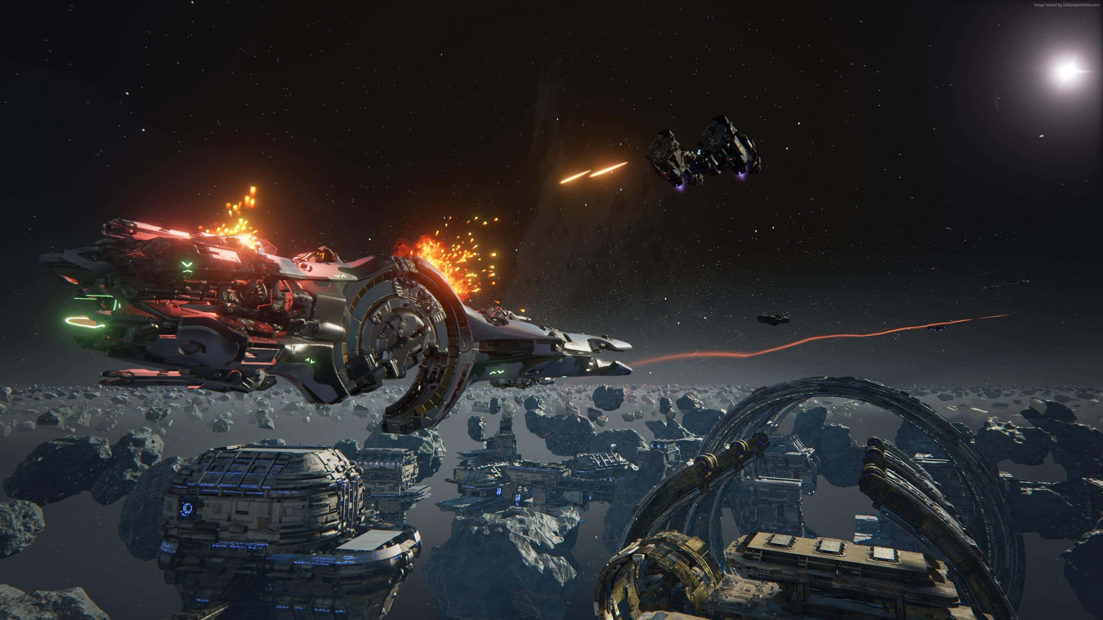 epic space battle asteroid field, futuristic spaceships, exploding, 4K Desktop Wallpaper