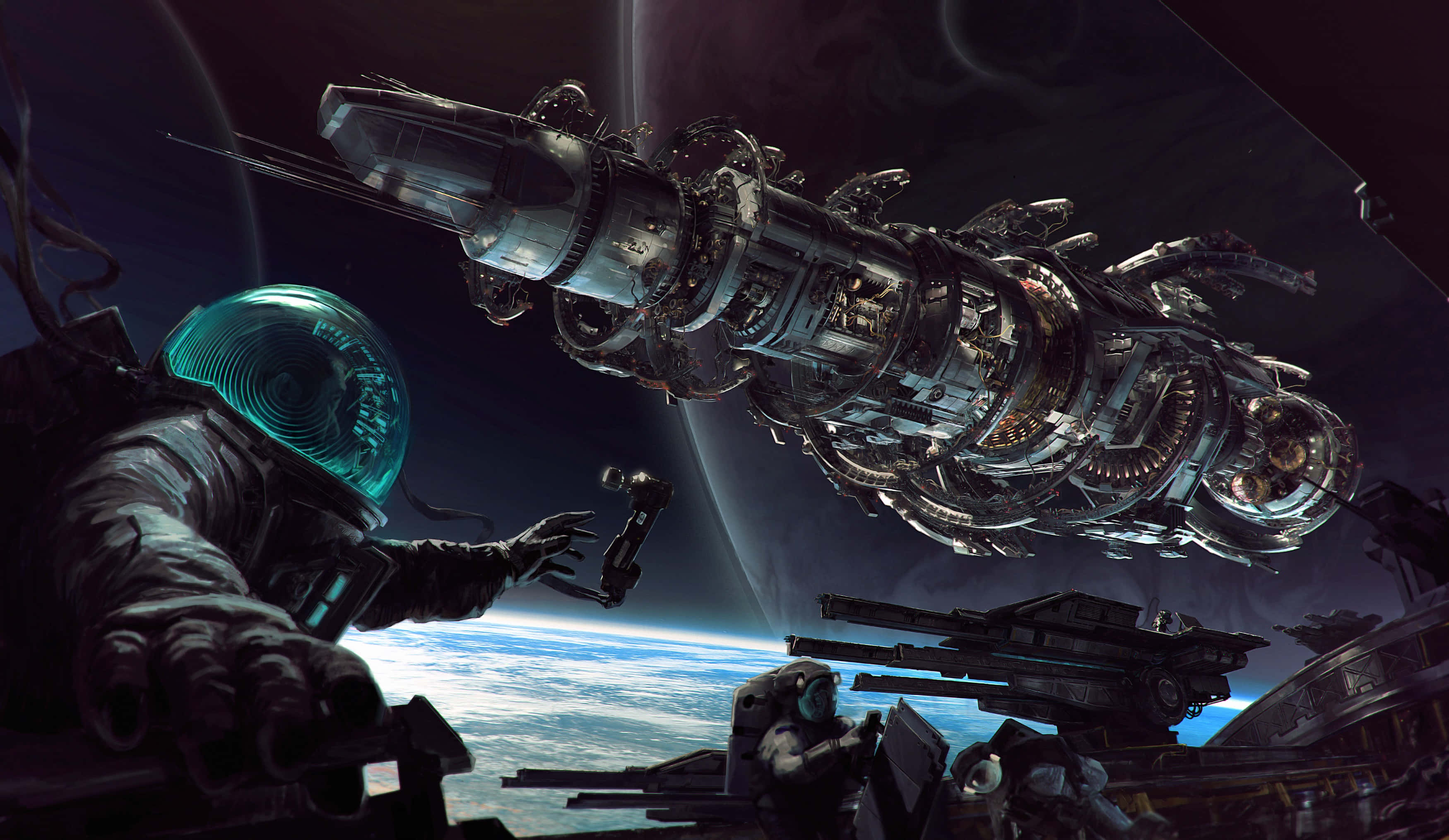 astronaut, glowing helmet, massive intricate spaceship, 2K Desktop Wallpaper