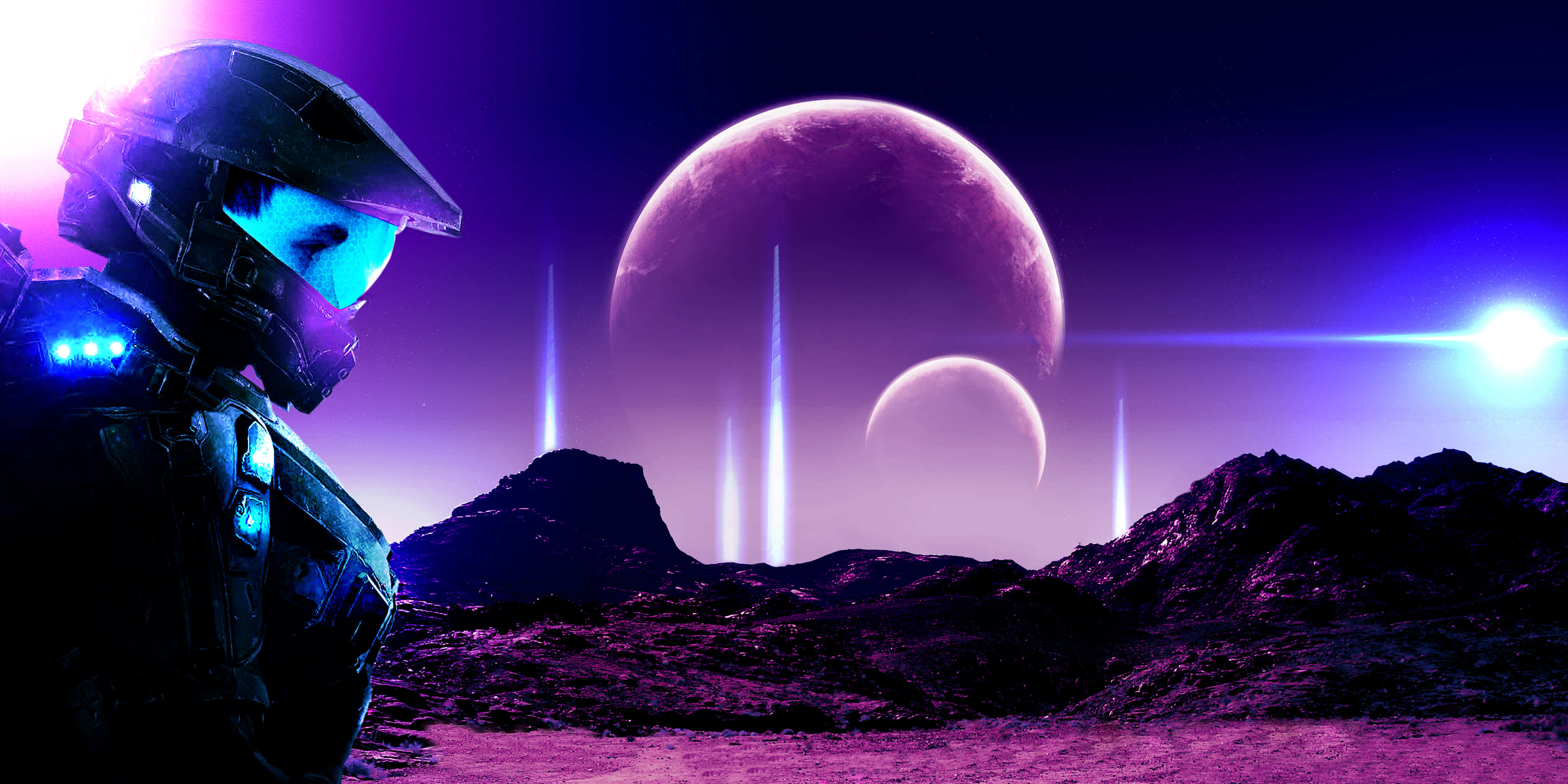 futuristic soldier, glowing helmet, purple alien planet, 2K Desktop Wallpaper