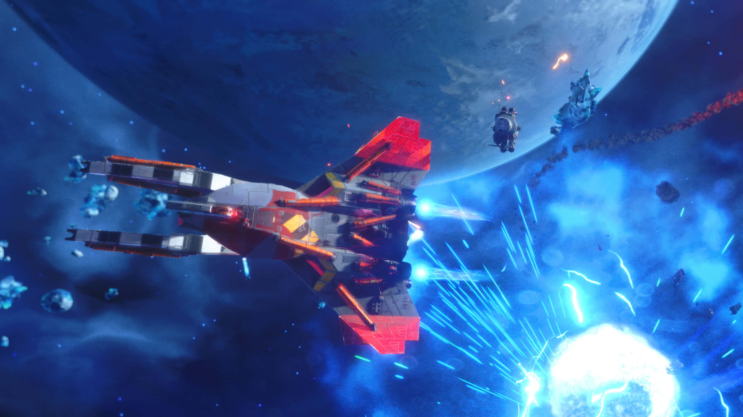 red and white spaceship, bright blue lasers, giant blue planet, 2K Desktop Wallpaper