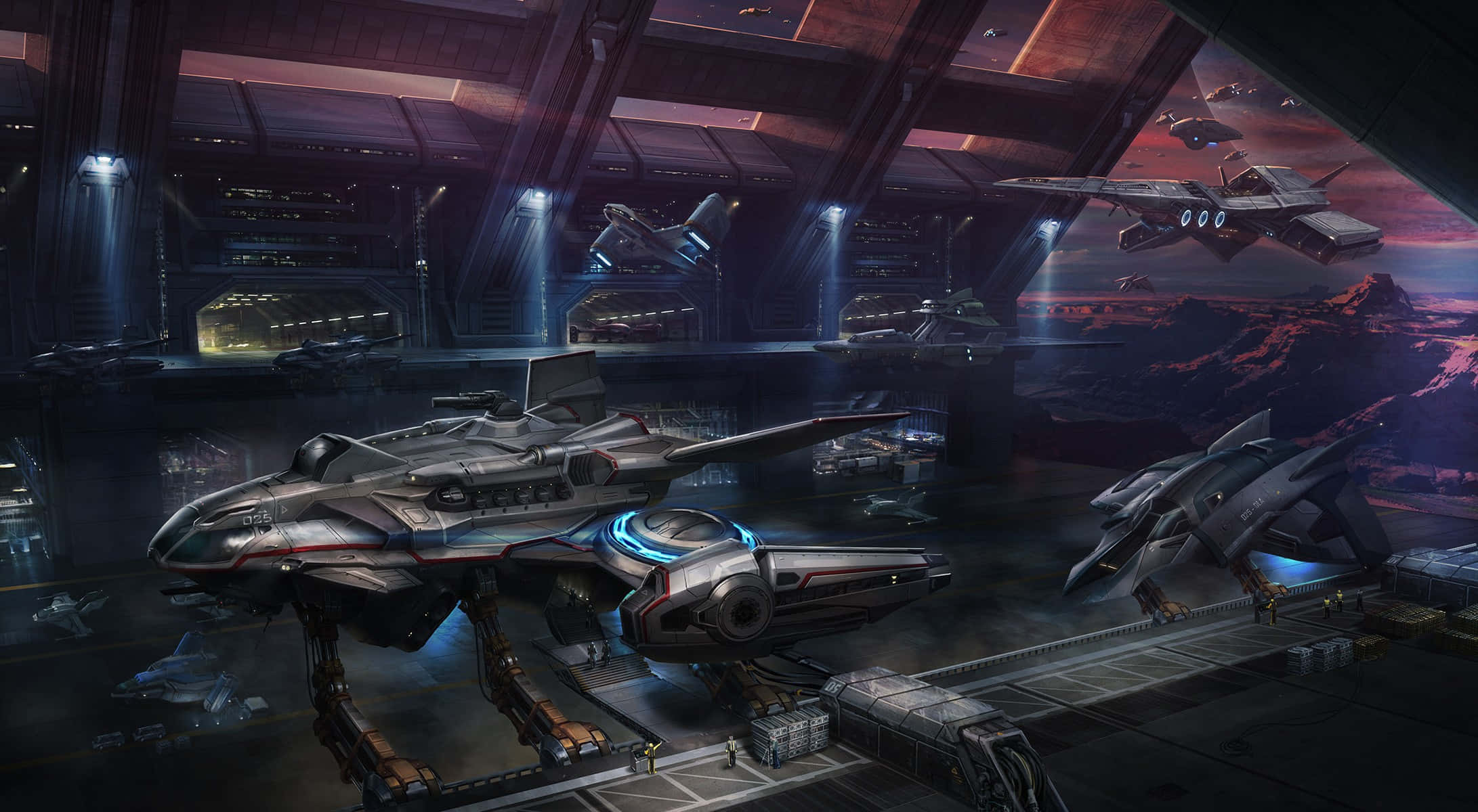 futuristic fighter jets, massive hangar, twilight alien sky, Full HD Desktop Wallpaper