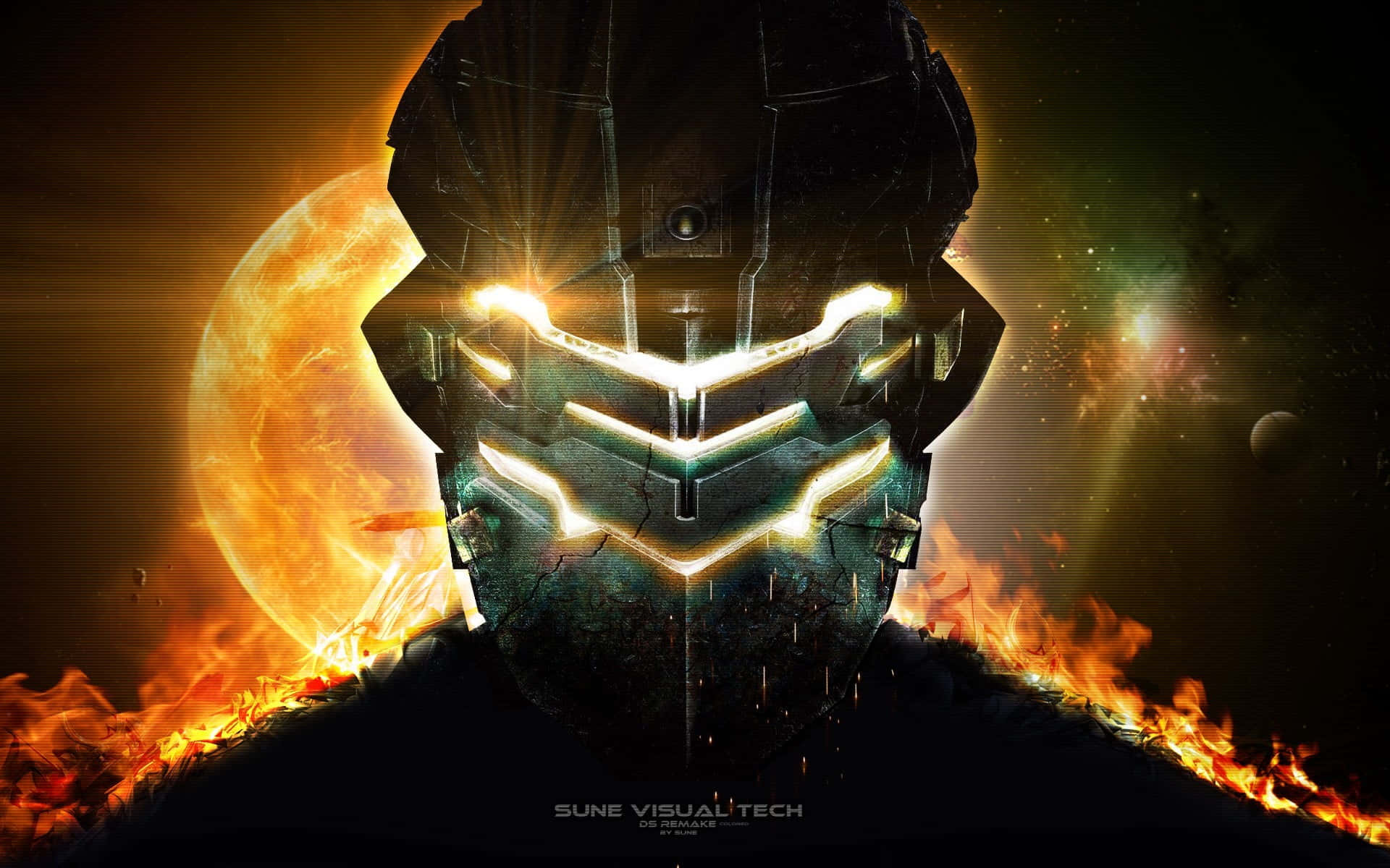 futuristic armored warrior, glowing white visor, fiery planet, Full HD Desktop Wallpaper