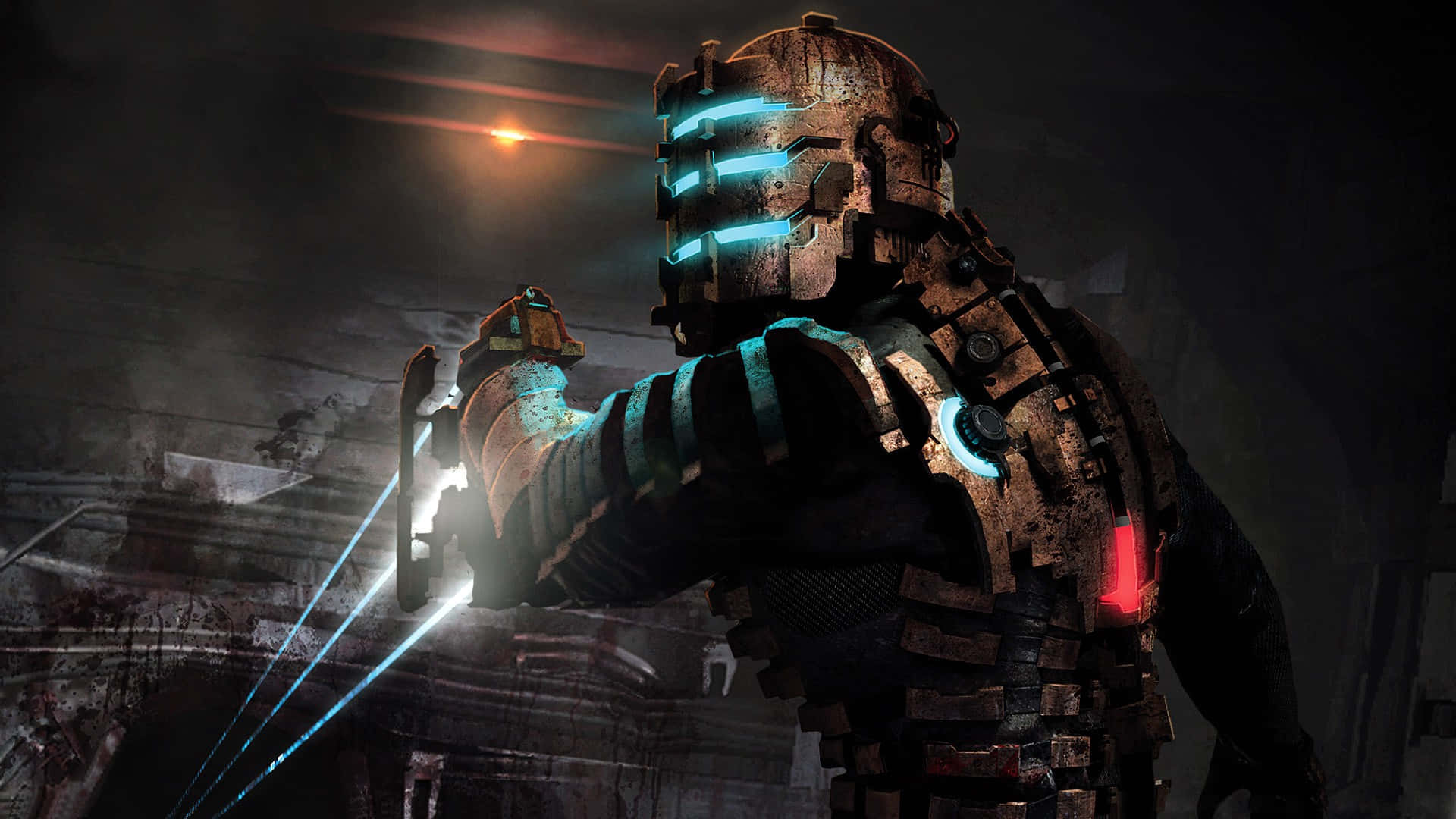 futuristic armored astronaut, plasma cutter, glowing blue weapon, Full HD Desktop Wallpaper