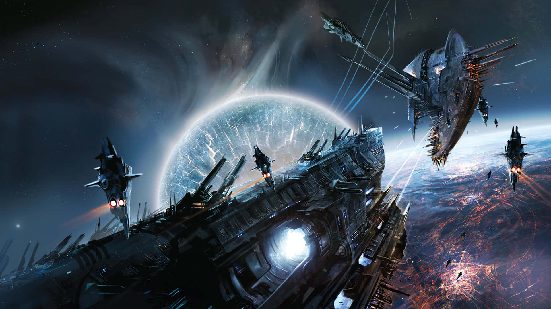 futuristic spacecraft, warships, glowing planet, Full HD Desktop Wallpaper