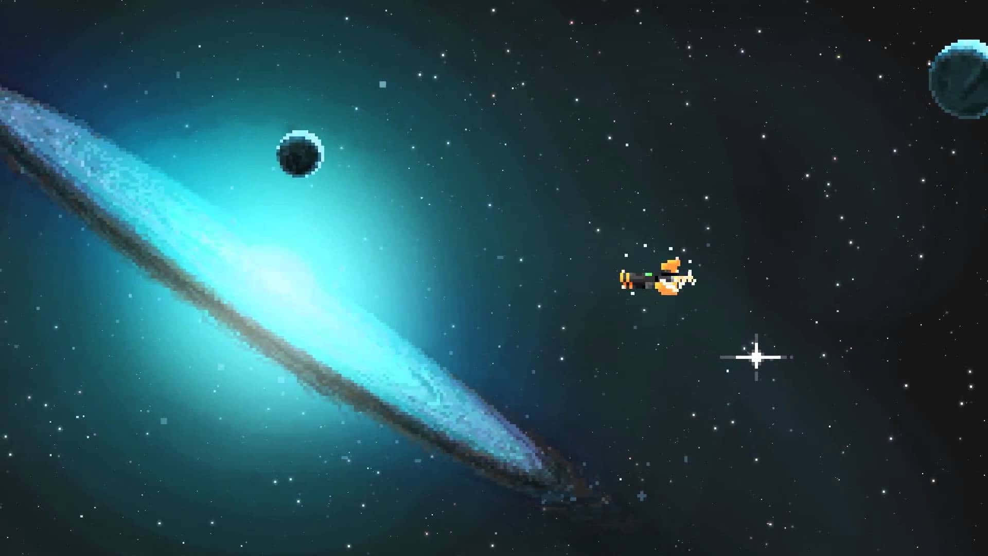 pixel-art spaceship, glowing blue galaxy, stars, Full HD Desktop Wallpaper