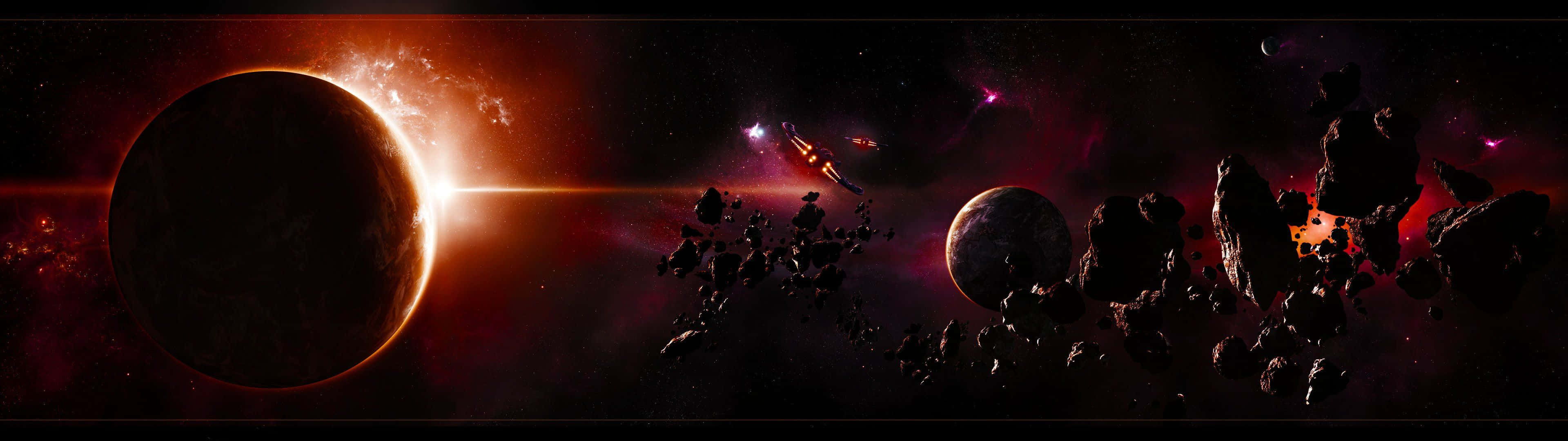 Space HD 3840x1080, spaceship, fiery asteroid field, 4K Desktop Wallpaper