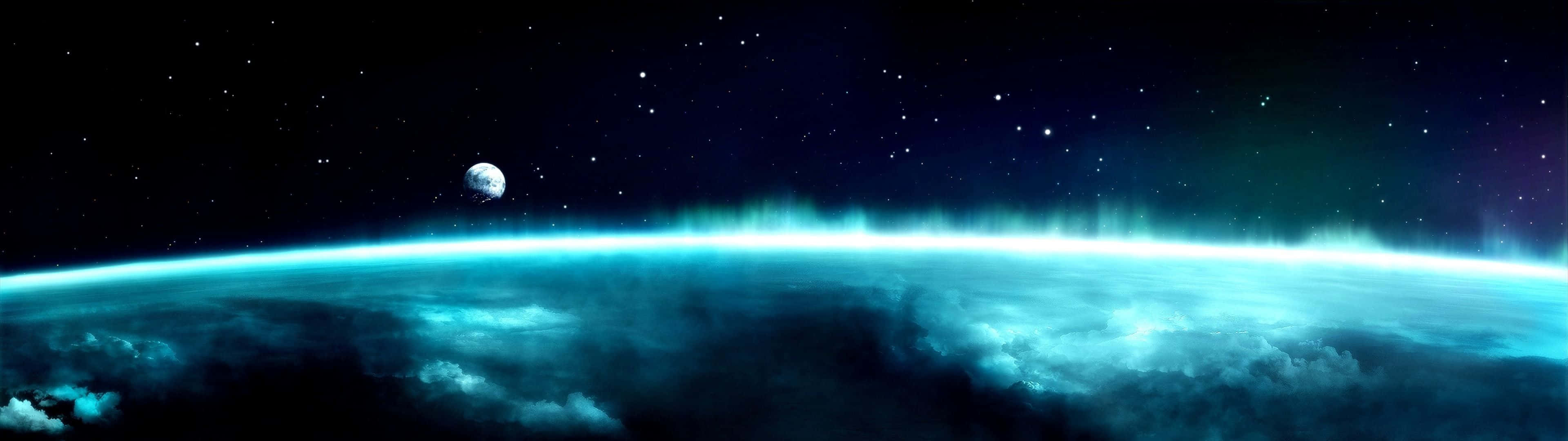 Space HD 3840x1080, blue aurora, planet curved horizon, 4K Desktop Wallpaper