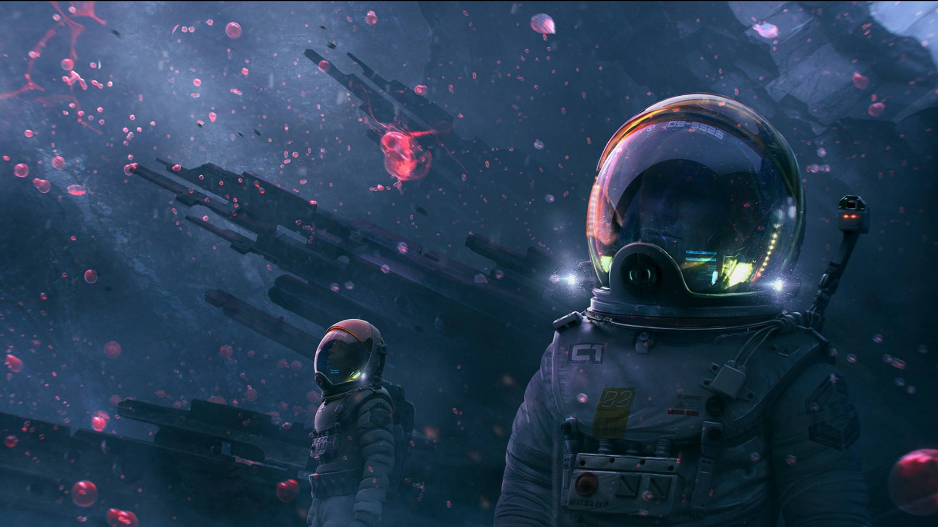 astronauts, unknown dark planet, floating pink bioluminescent organisms, Full HD Desktop Wallpaper