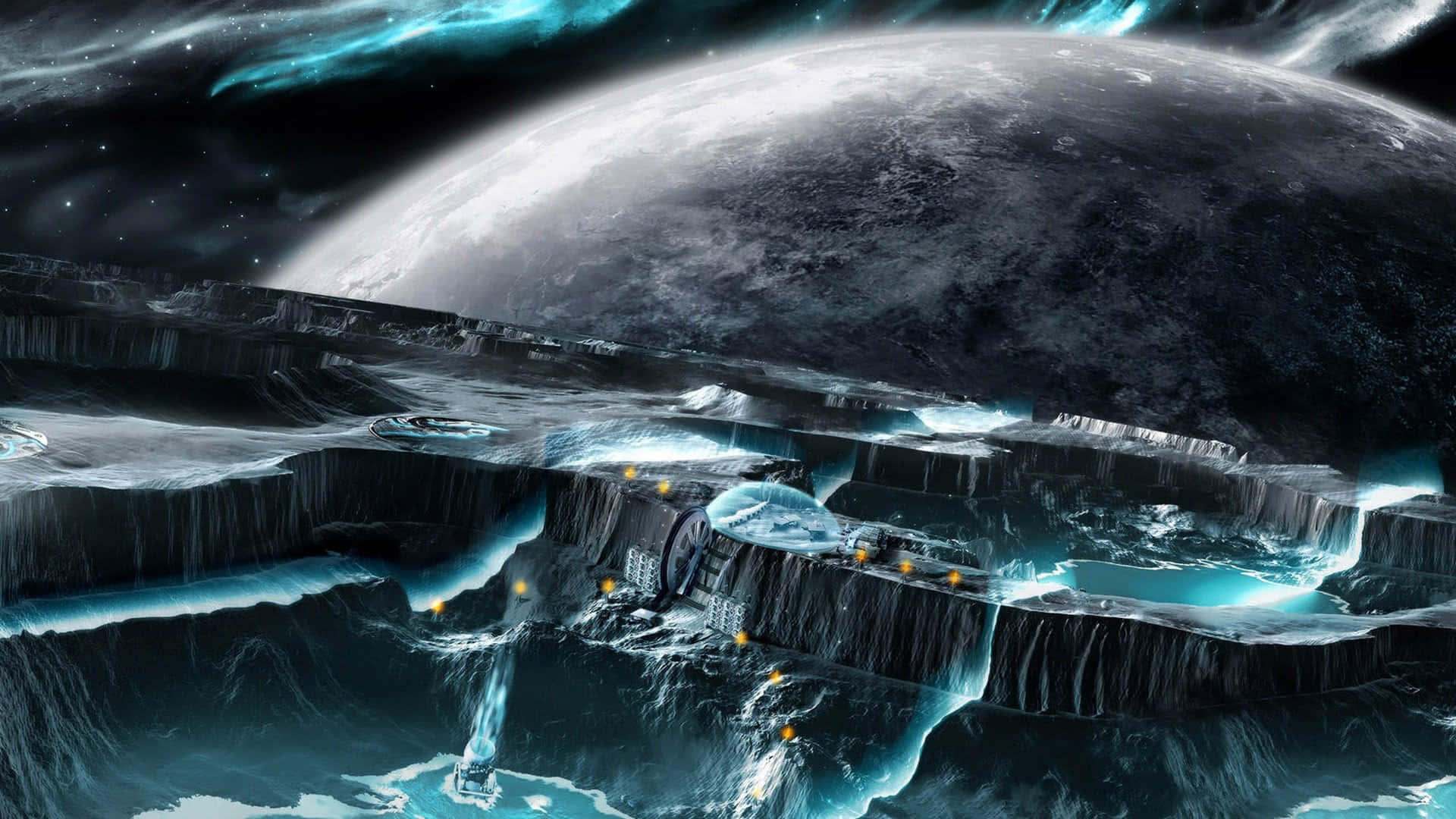 futuristic city, icy platforms, massive planet, Full HD Desktop Wallpaper