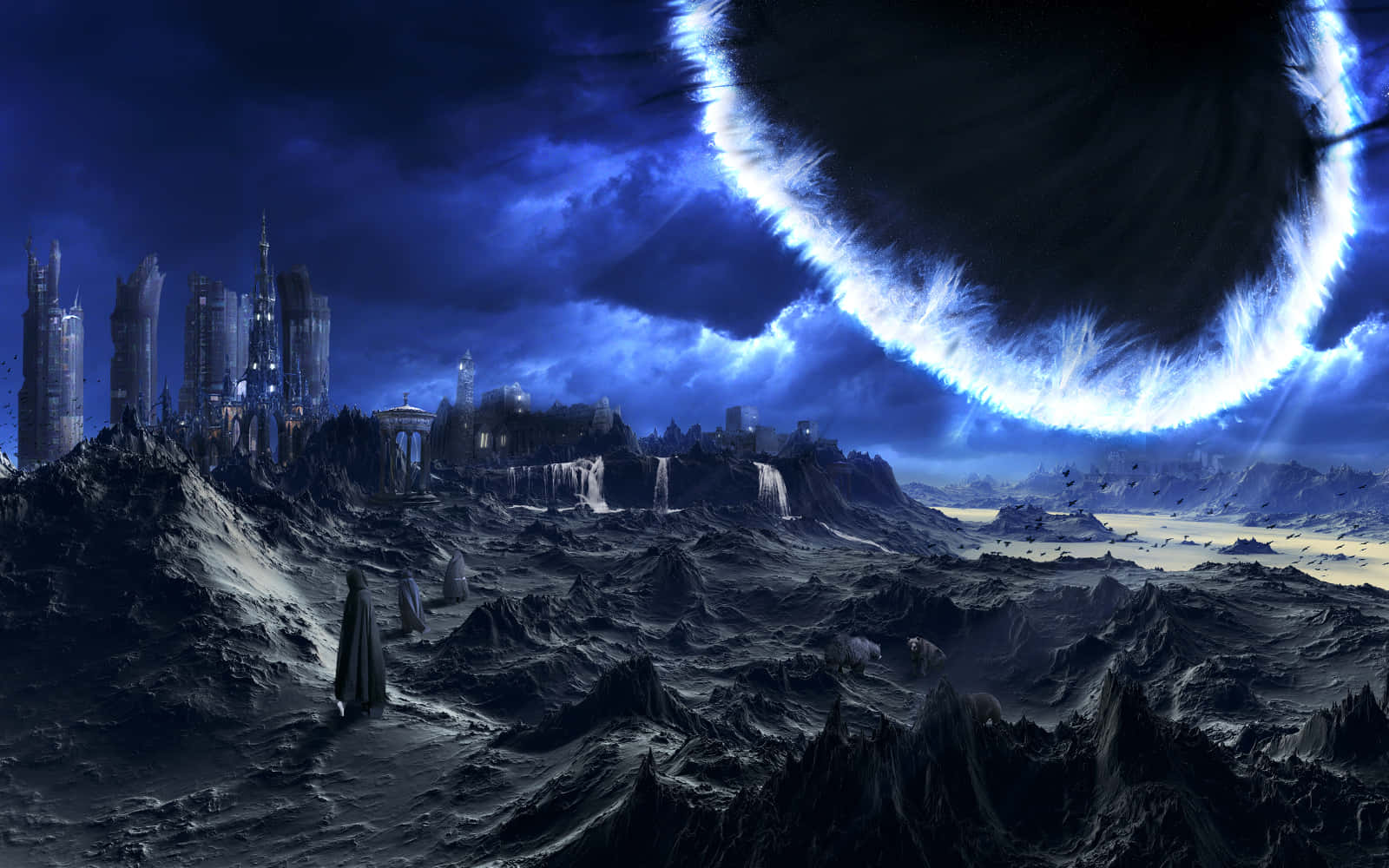futuristic city, jagged cliffs, colossal glowing ring, HD Desktop Wallpaper