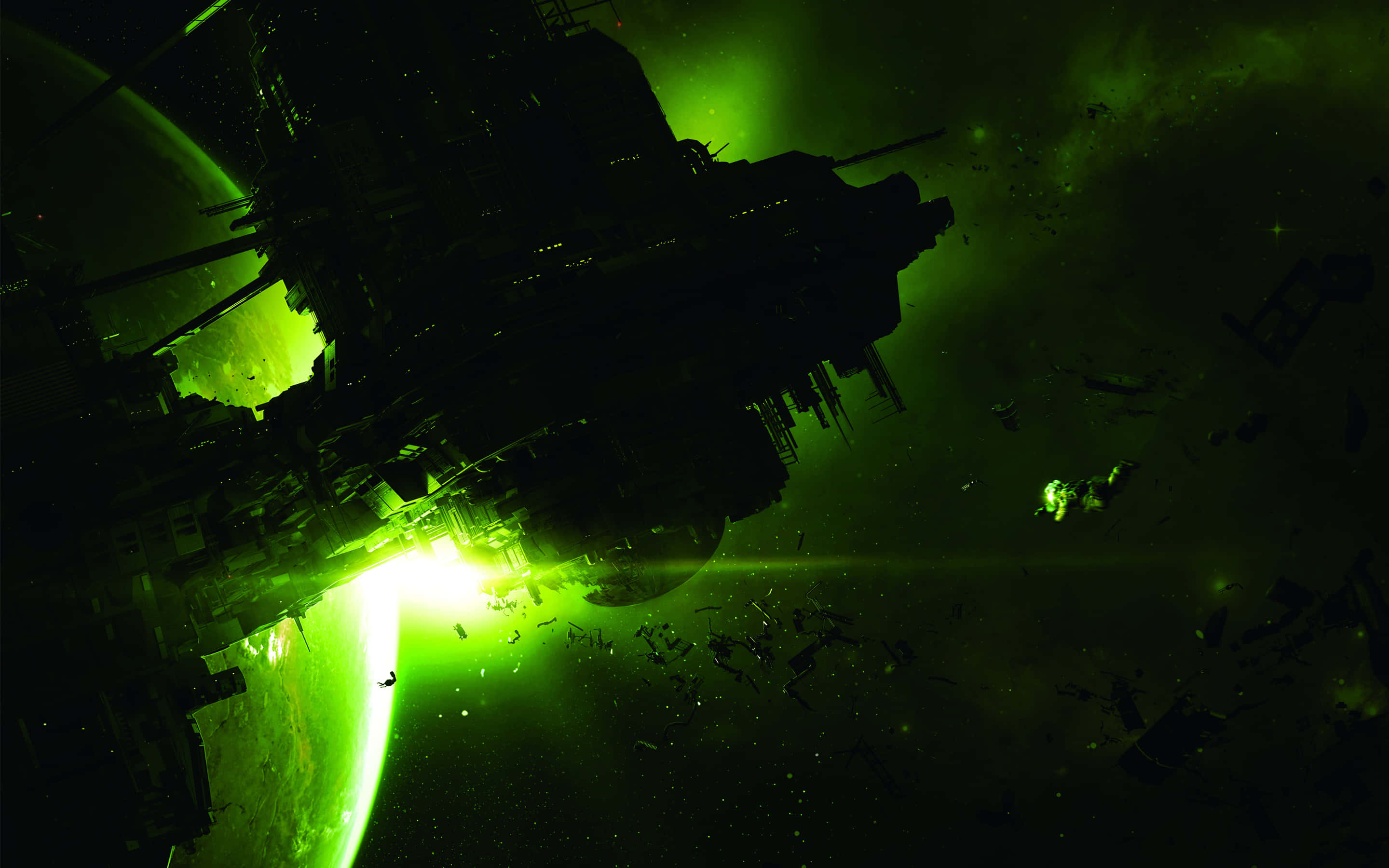 eerie space station debris field, glowing green planet, debris floating, 2K Desktop Wallpaper