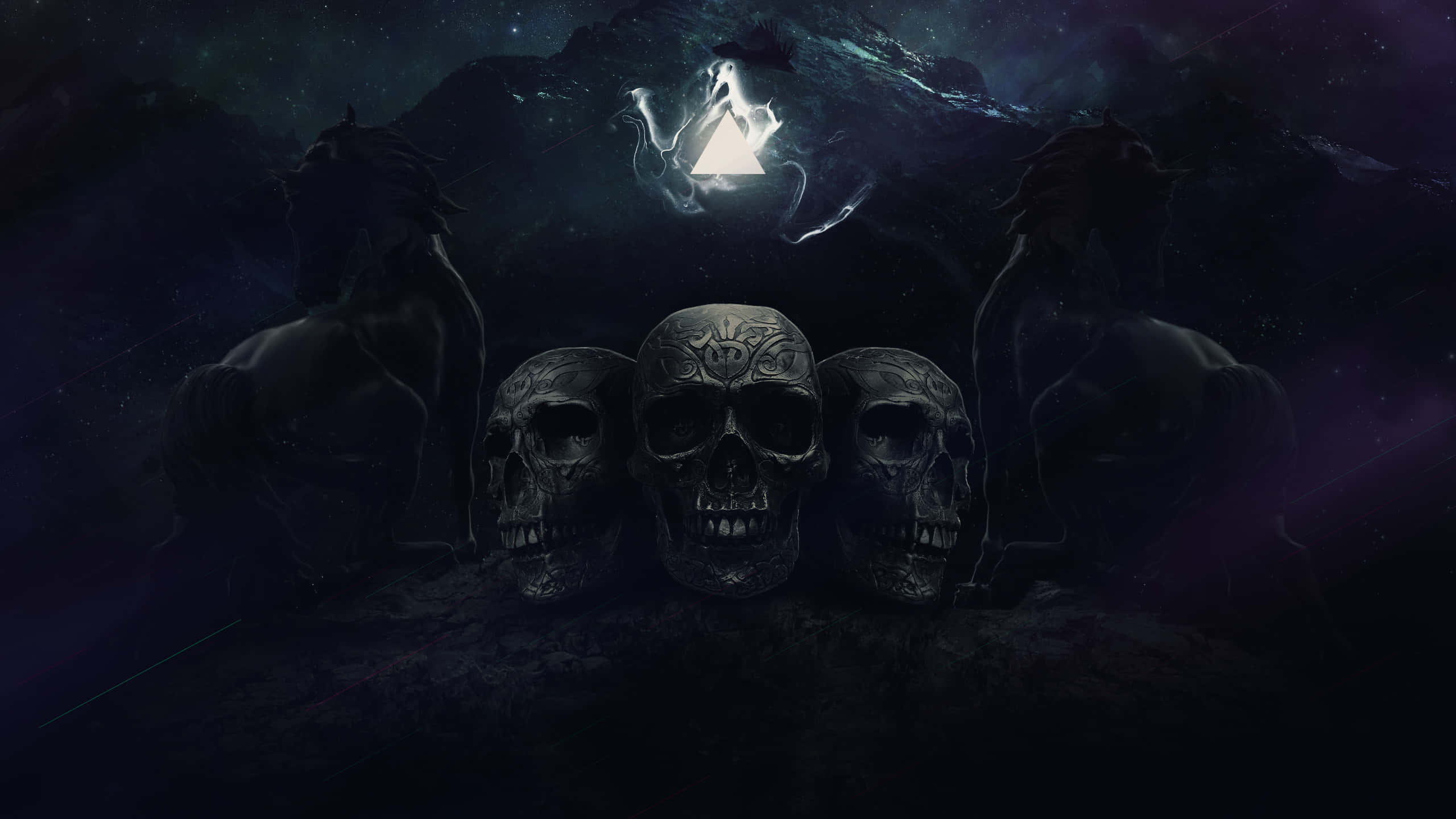 cosmic skulls, horse shadows, glowing triangular portal, 2K Desktop Wallpaper