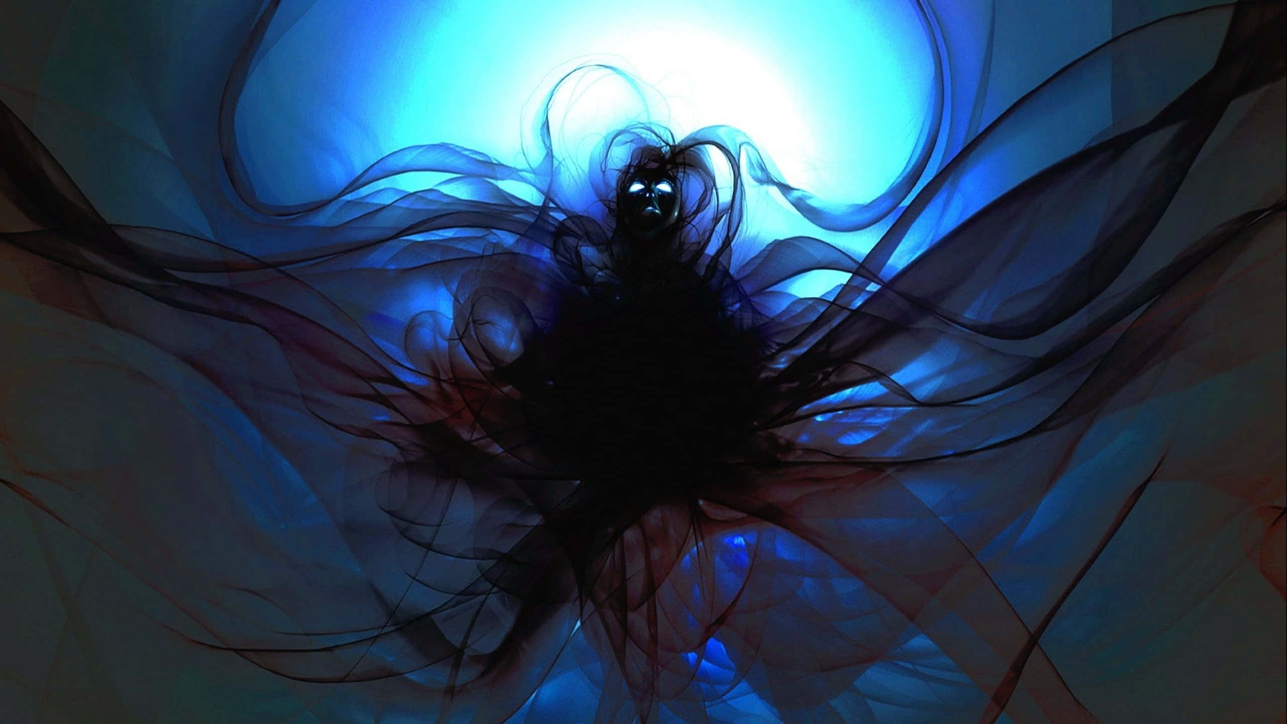 cosmic nebula horror, glowing eyes, swirling blue and black fabric, 2K Desktop Wallpaper