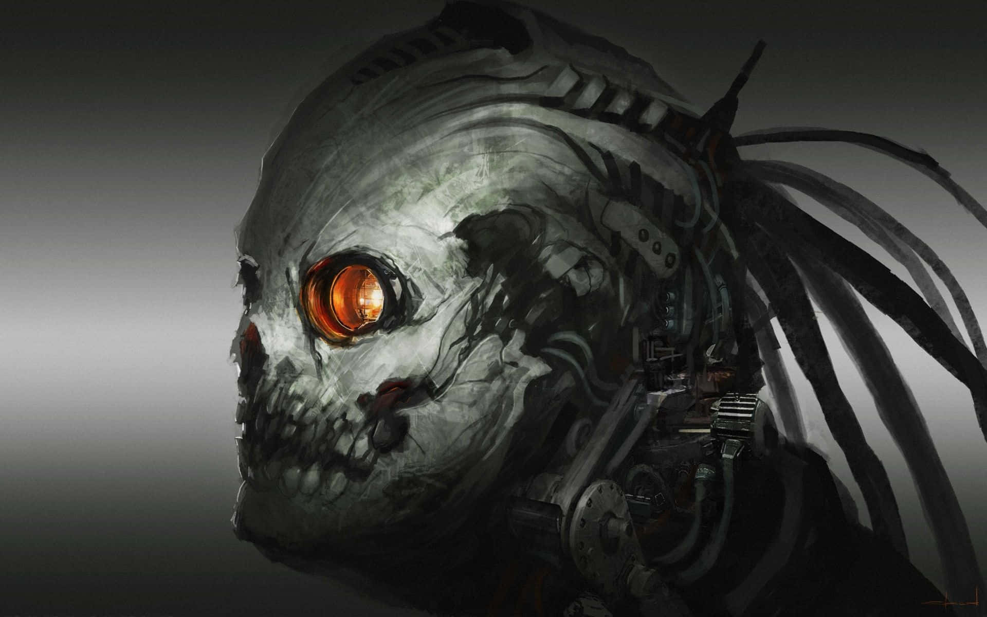 cybernetic skull, glowing orange eye, mechanical tendrils, Full HD Desktop Wallpaper